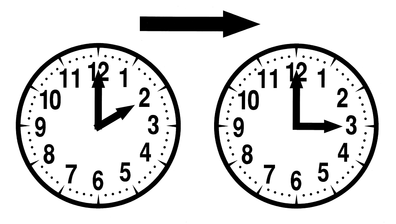 Ilustración con dos relojes que representan el cambio al horario de verano.