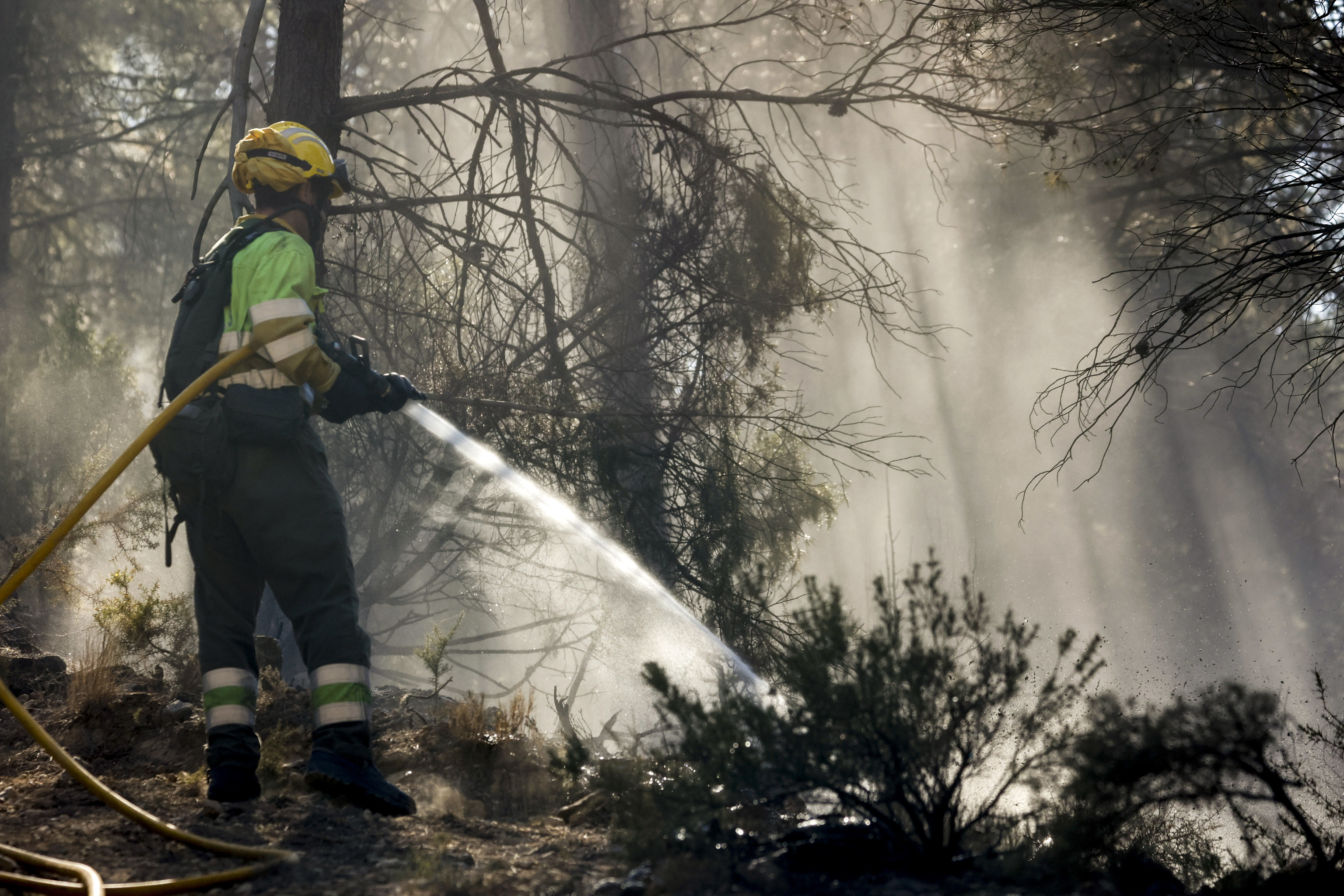 Los bomberos forestales refrescan la zona sin llama del incendio de Villanueva de Viver.