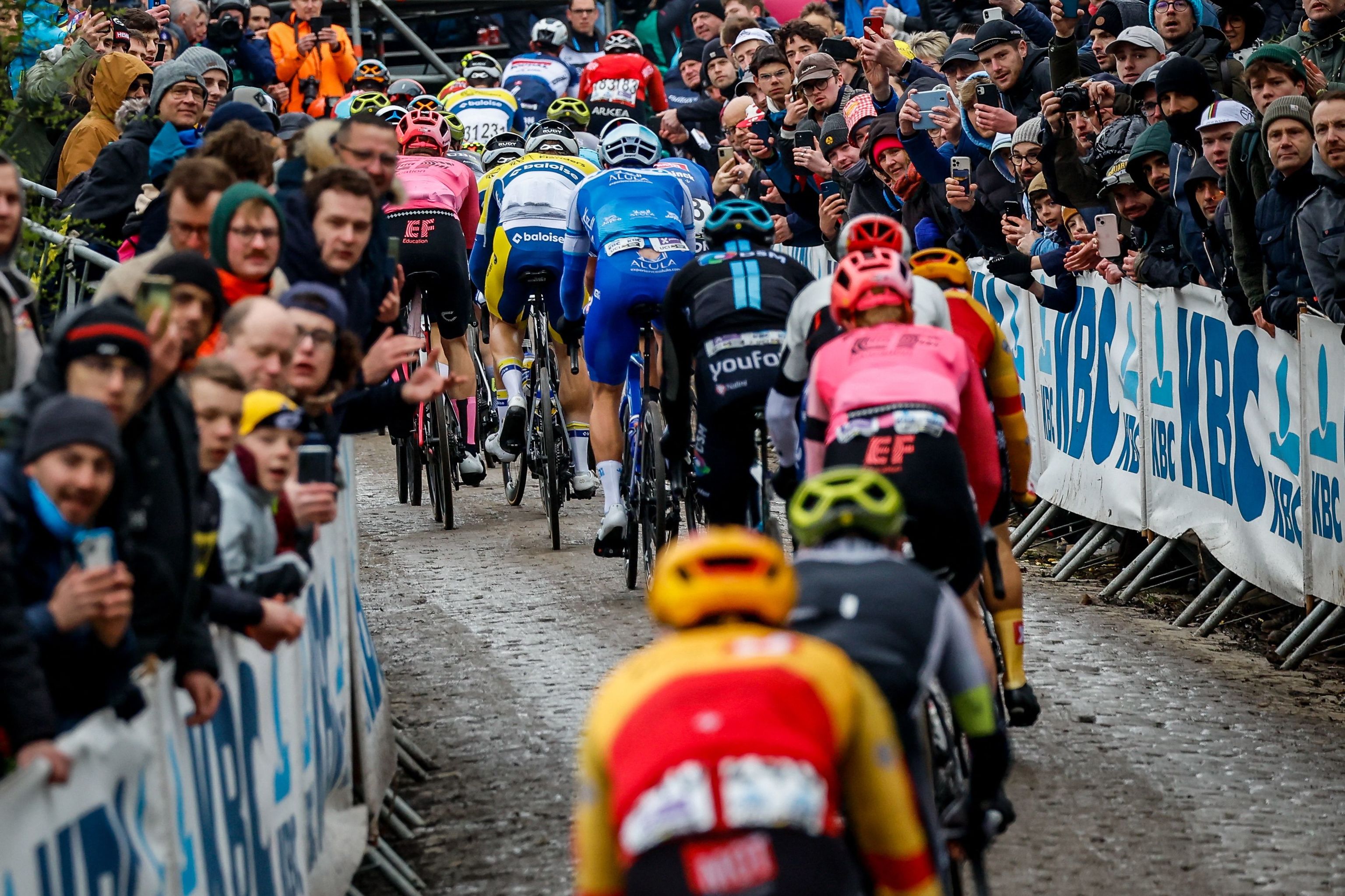 Grupo de corredores en ascenso en el Tour de Flandes.