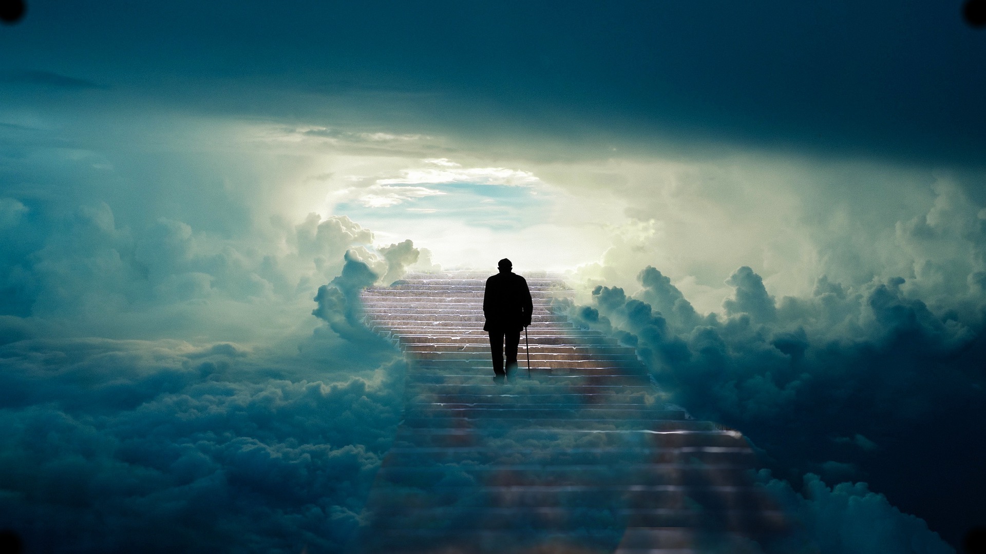 Representacin de un hombre subiendo escaleras hacia el cielo.