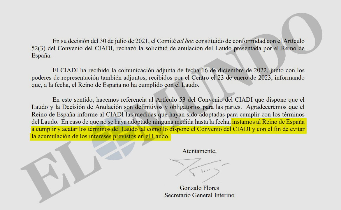 Extracto de la carta del secretario general del Ciadi a la Abogacía del Estado