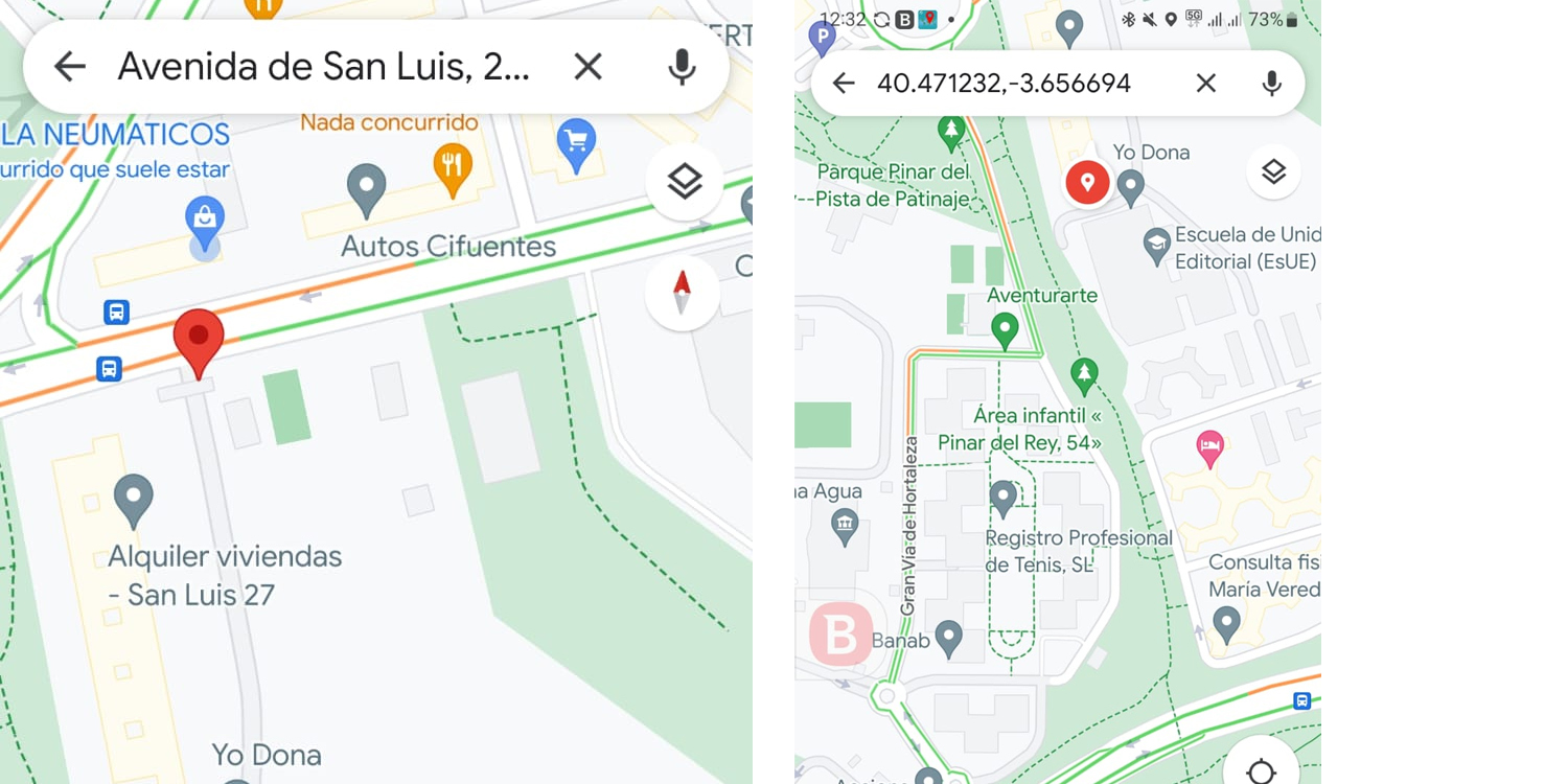 Pantallazos de dos posiciones de Google Maps con las marcas de posicin fija y mvil (foto derecha).