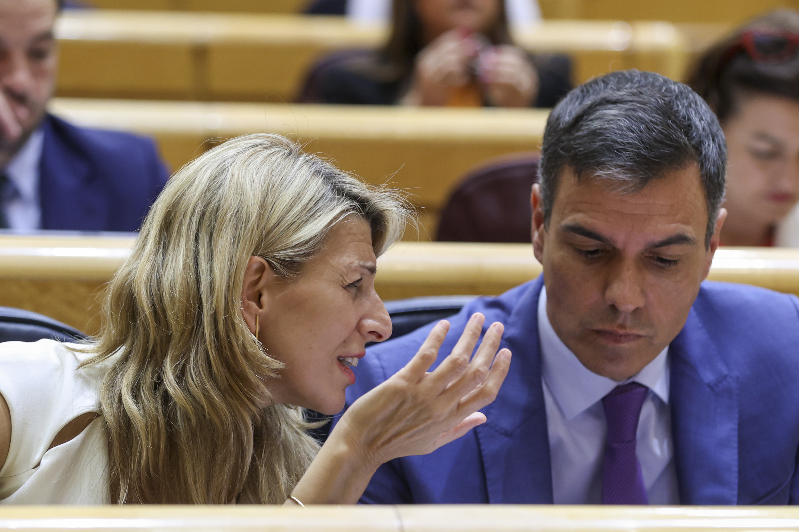 Yolanda Daz conversa con Pedro Snchez, el pasado martes, durante la sesin en el Senado.
