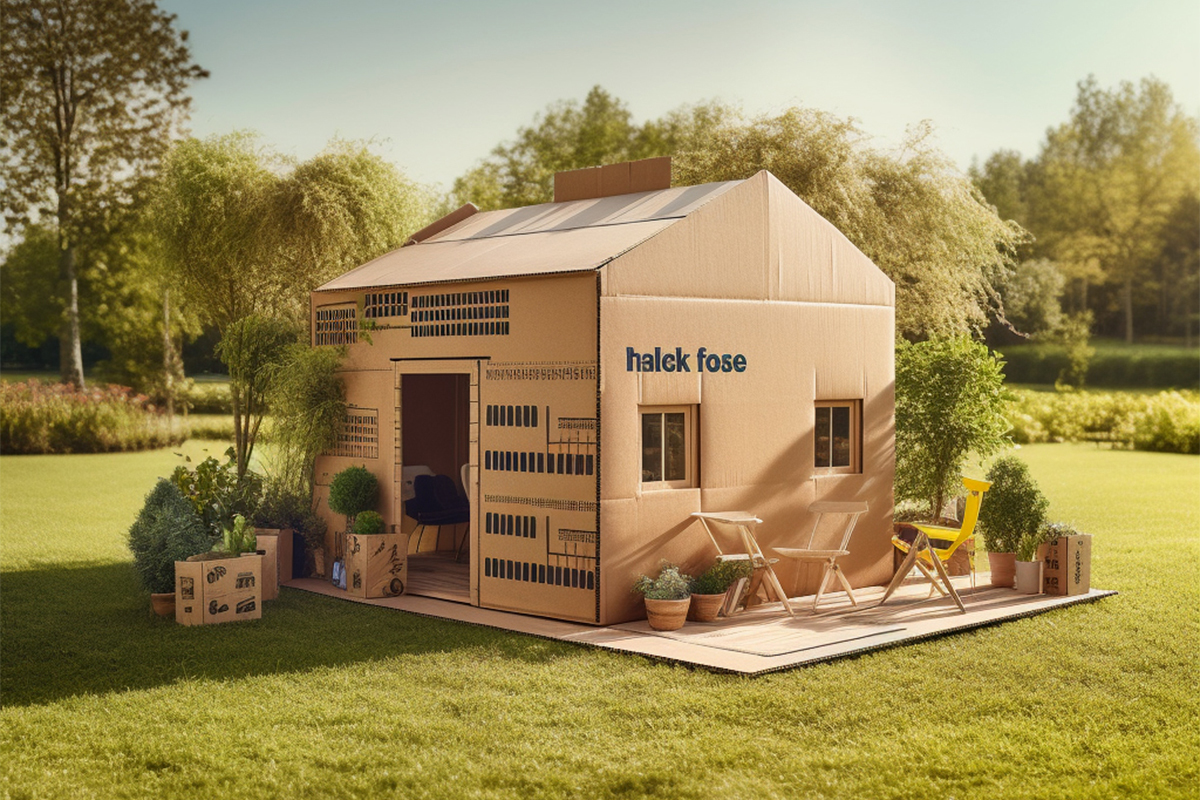 Imagen de una "casa hecha  con cajas de cartón de Ikea" generada con inteligencia artificial.