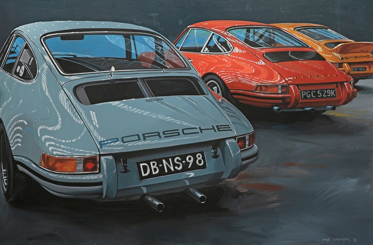Uno de los cuadros que ha pintado Manu Campa que tiene el Porsche como protagonista.
