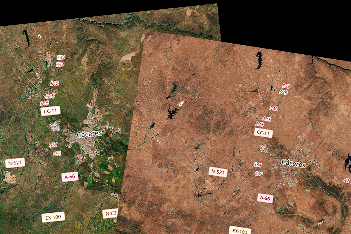 Imagenes por satélite de Cáceres, la de la izquierda tomada en 2022 la de la derec ha en 2023. Los efectos de la sequía en una año son devastadores.