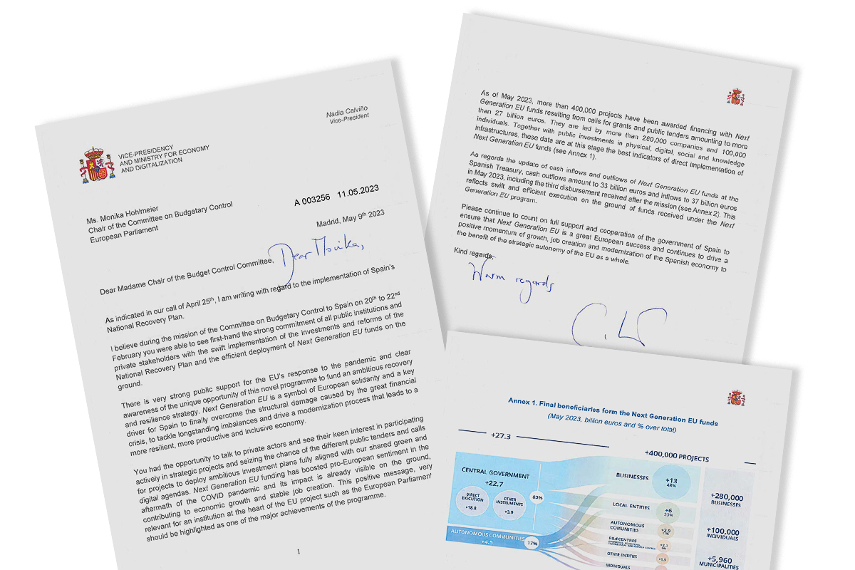 La Comisión de Control de la Eurocámara recibe una carta de Calviño y concluye que oculta la ejecución de los fondos