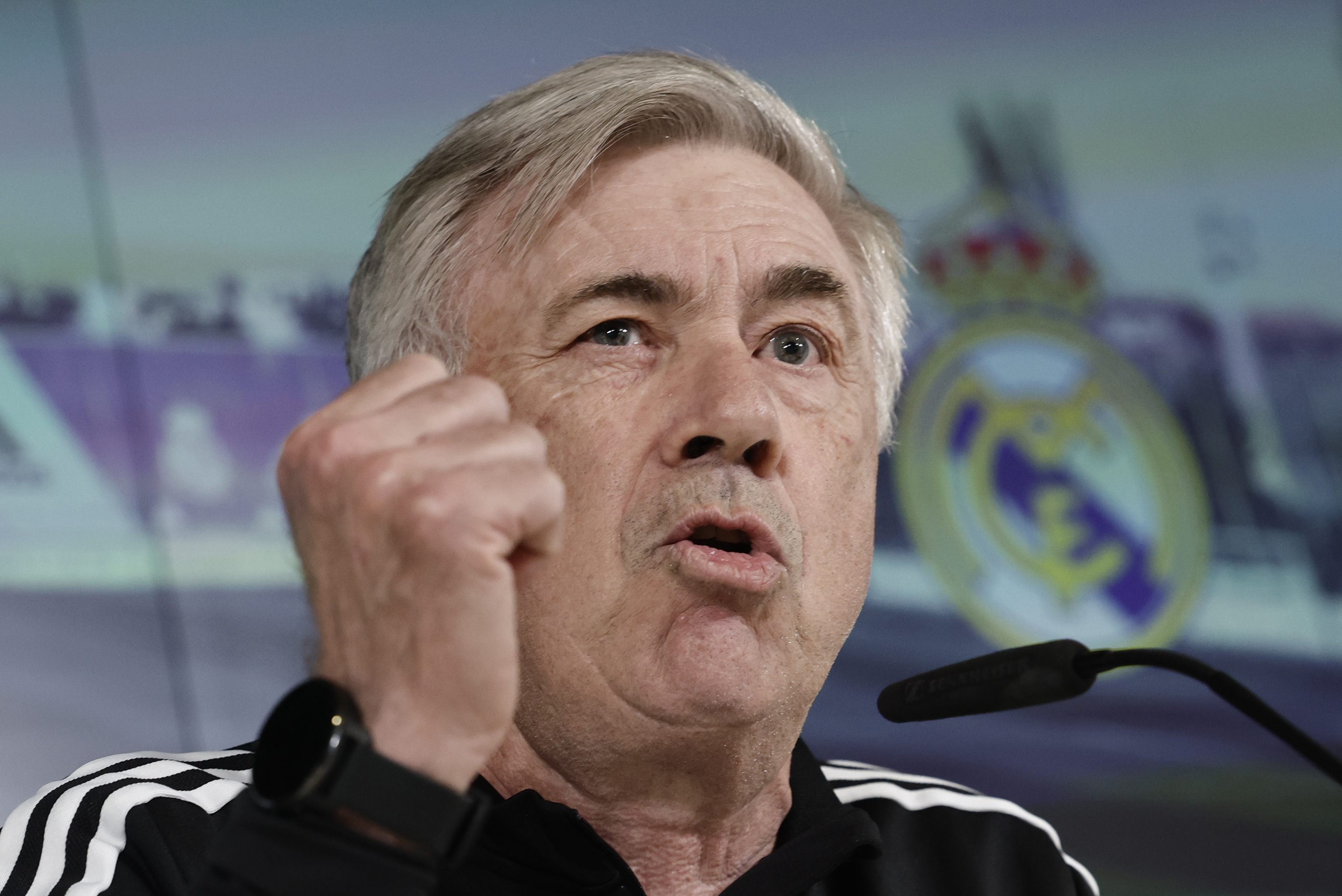 The coach of Real Madrid, Carlo Ancelotti at the press conference this Tuesday at the Ciudad Deportiva in Valdebebas
