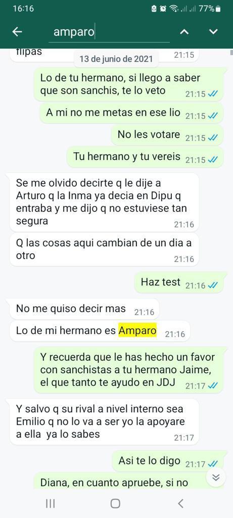 Extracto de los mensajes de Whatsapp en los que se menciona a Amparo, la número 2 de Emilio Sáez