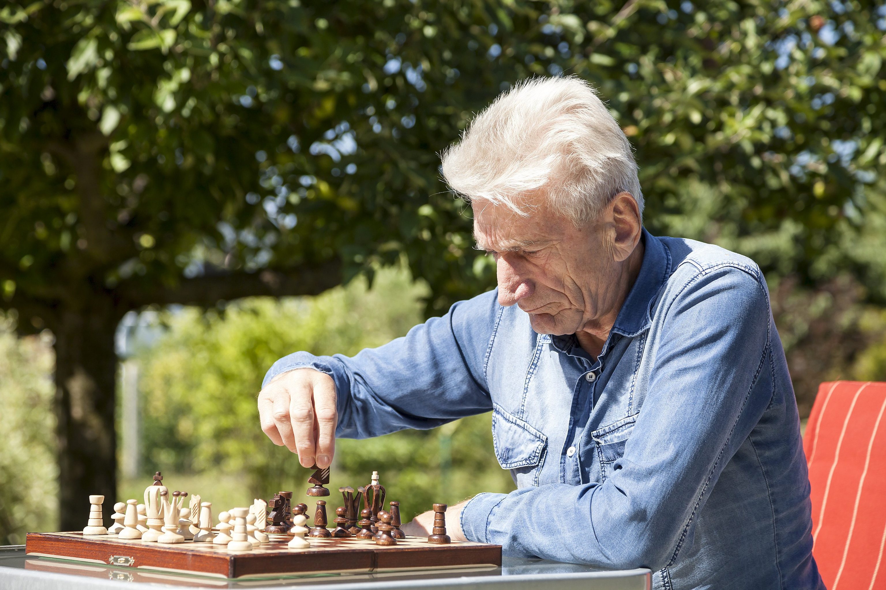 Un jubilado jugando al ajedrez en un parque.
