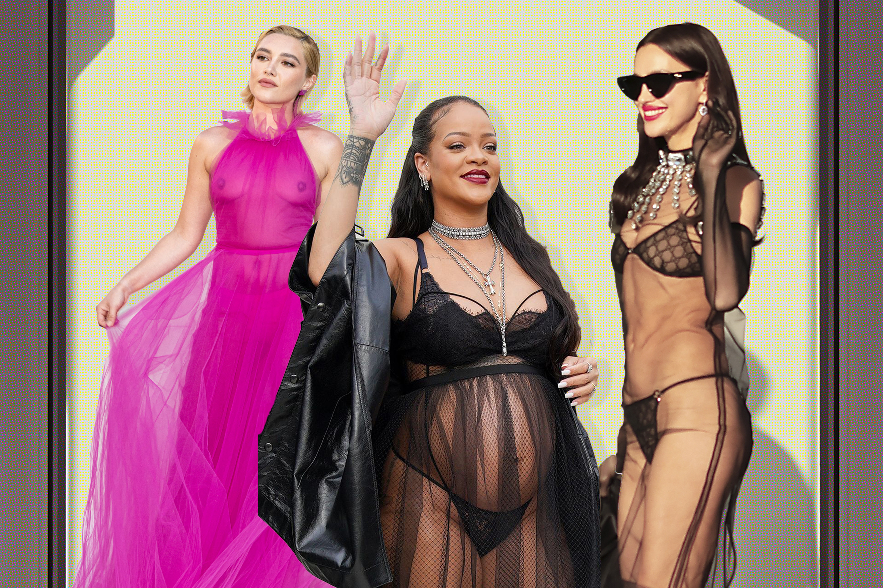 Florence Pugh, Rihanna e Irina Shayk con looks transparentes.