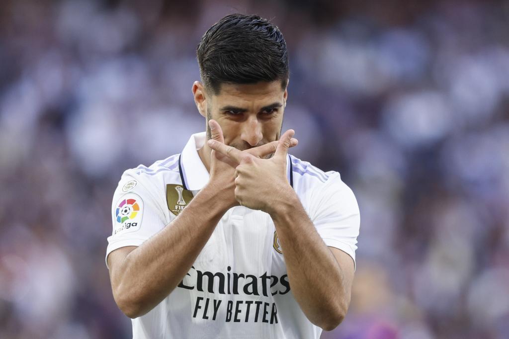 Real Madrid midfielder Marco Asensio celebrates a goal against Valladolid in April.