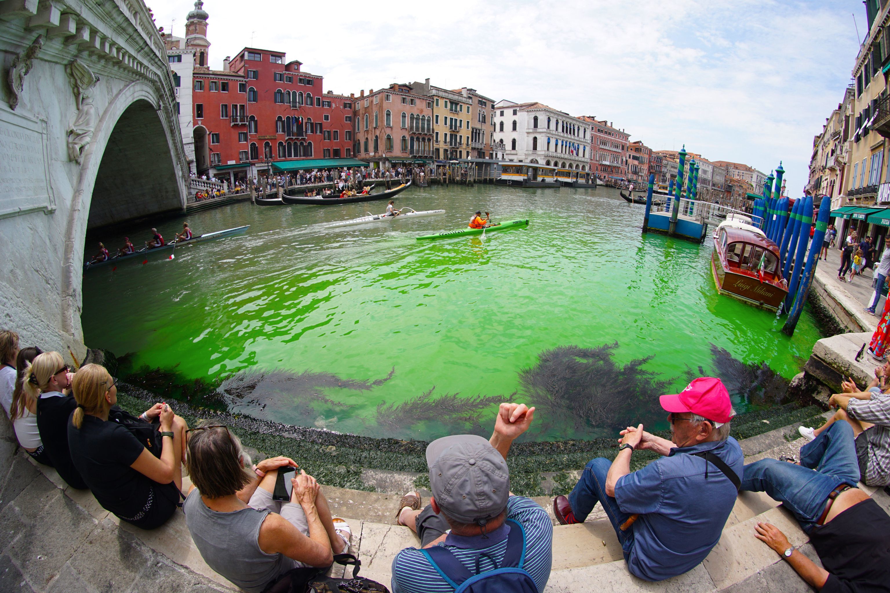 El agua del Gran Canal de Venecia se tiñe de un misterioso color verde fluorescente
