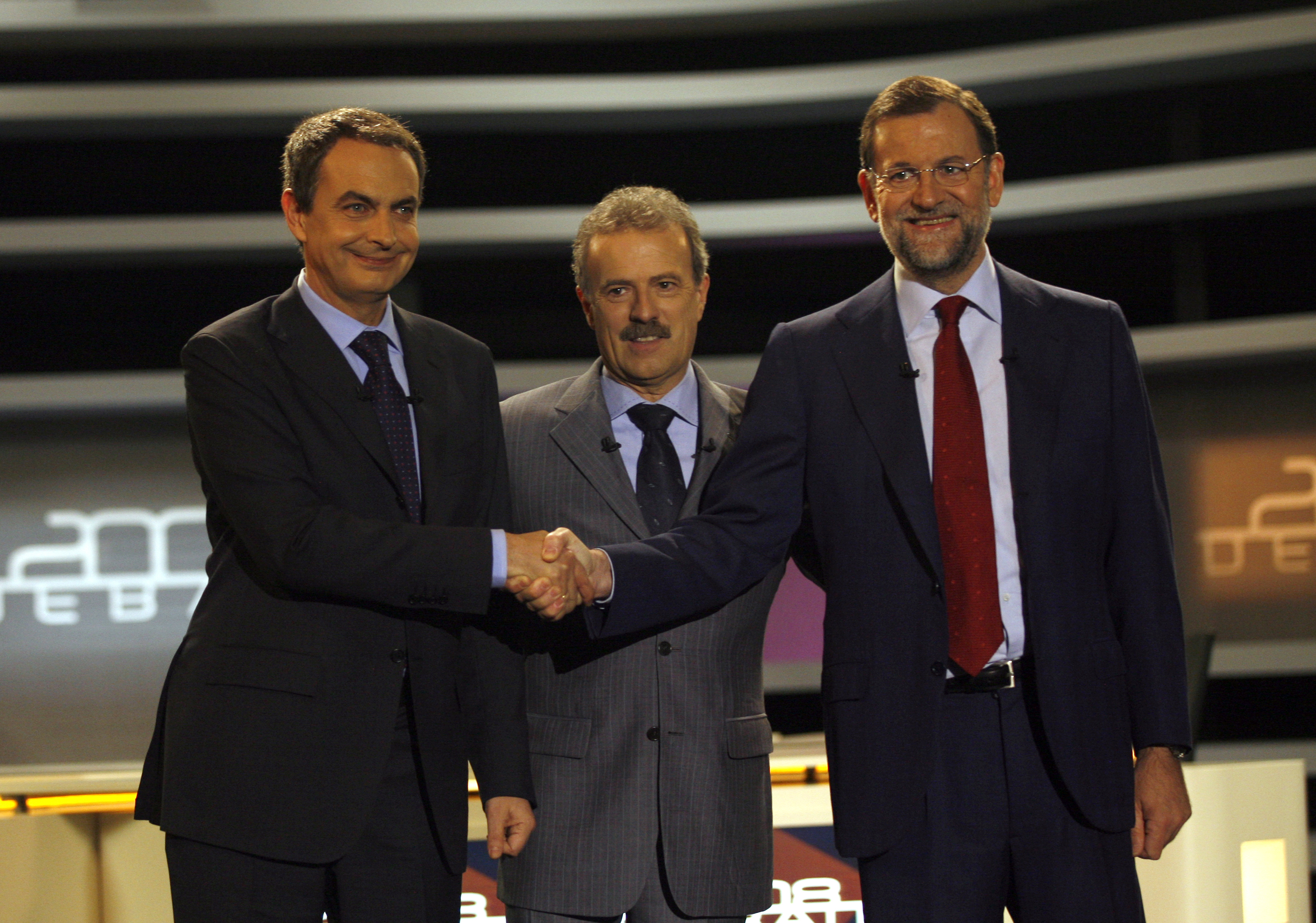 Jos Luis Rodrguez Zapatero y Mariano Rajoy, de nuevo junto a Manuel Campo Vidal en el debate de 2008.