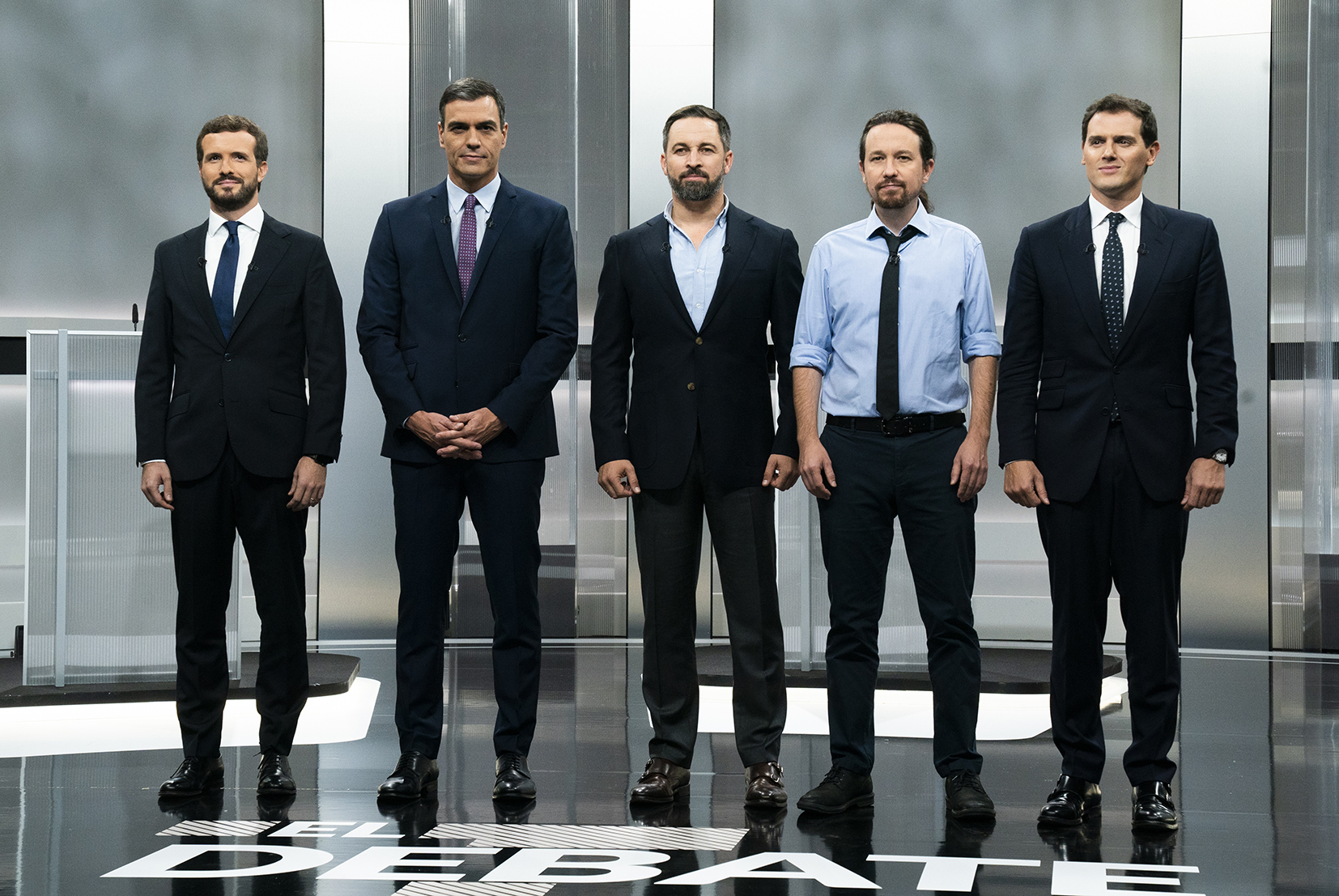 Pablo Casado, Pedro Snchez, Santiago Abascal, Pablo Iglesias y Albert Rivera, en el debate de 2019.