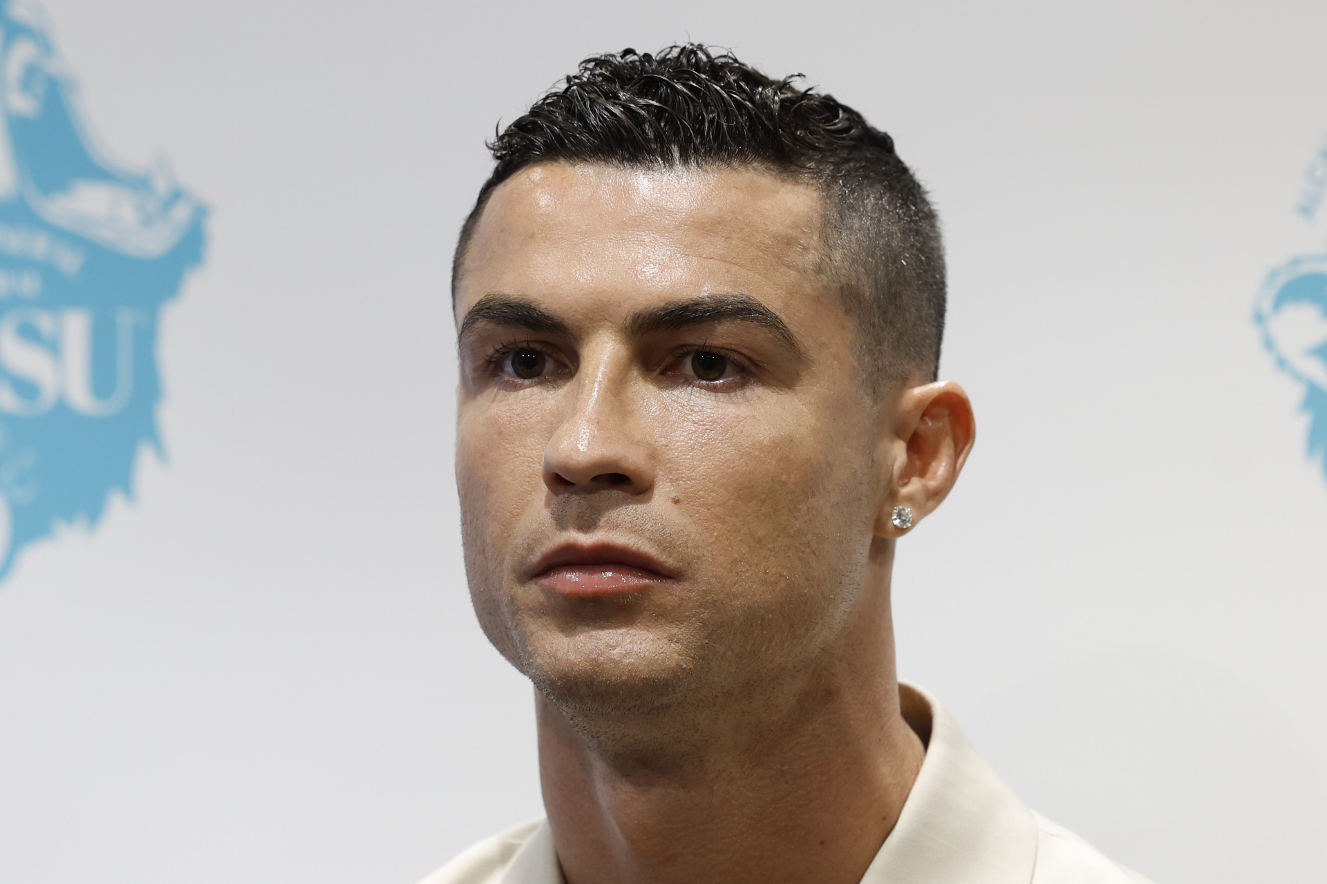 Cristiano Ronaldo, en su visita hoy a Madrid para presentar su agua alcalina.