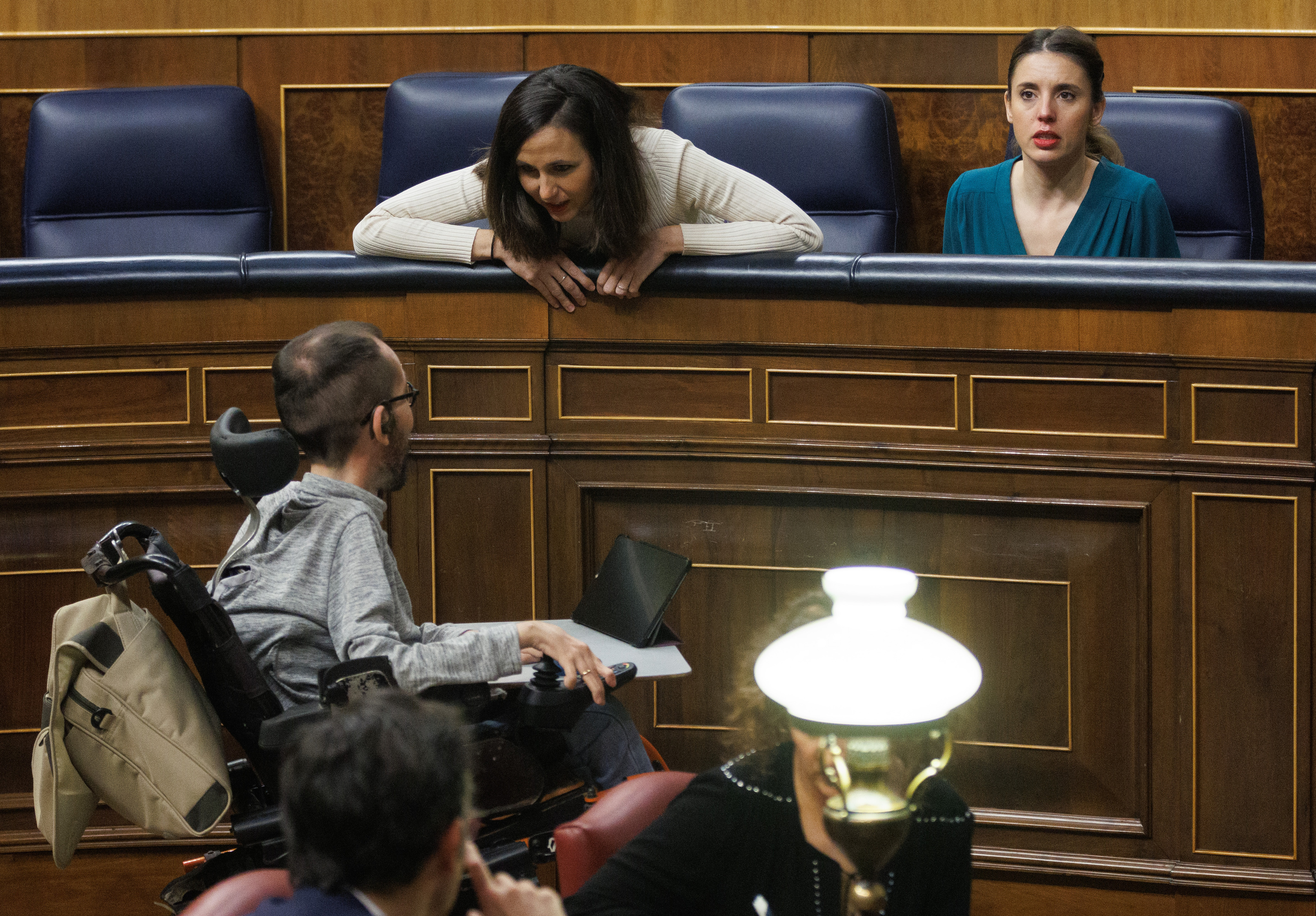 Los dirigentes de Podemos Pablo Echenique, Ione Belarra e Irene Montero.
