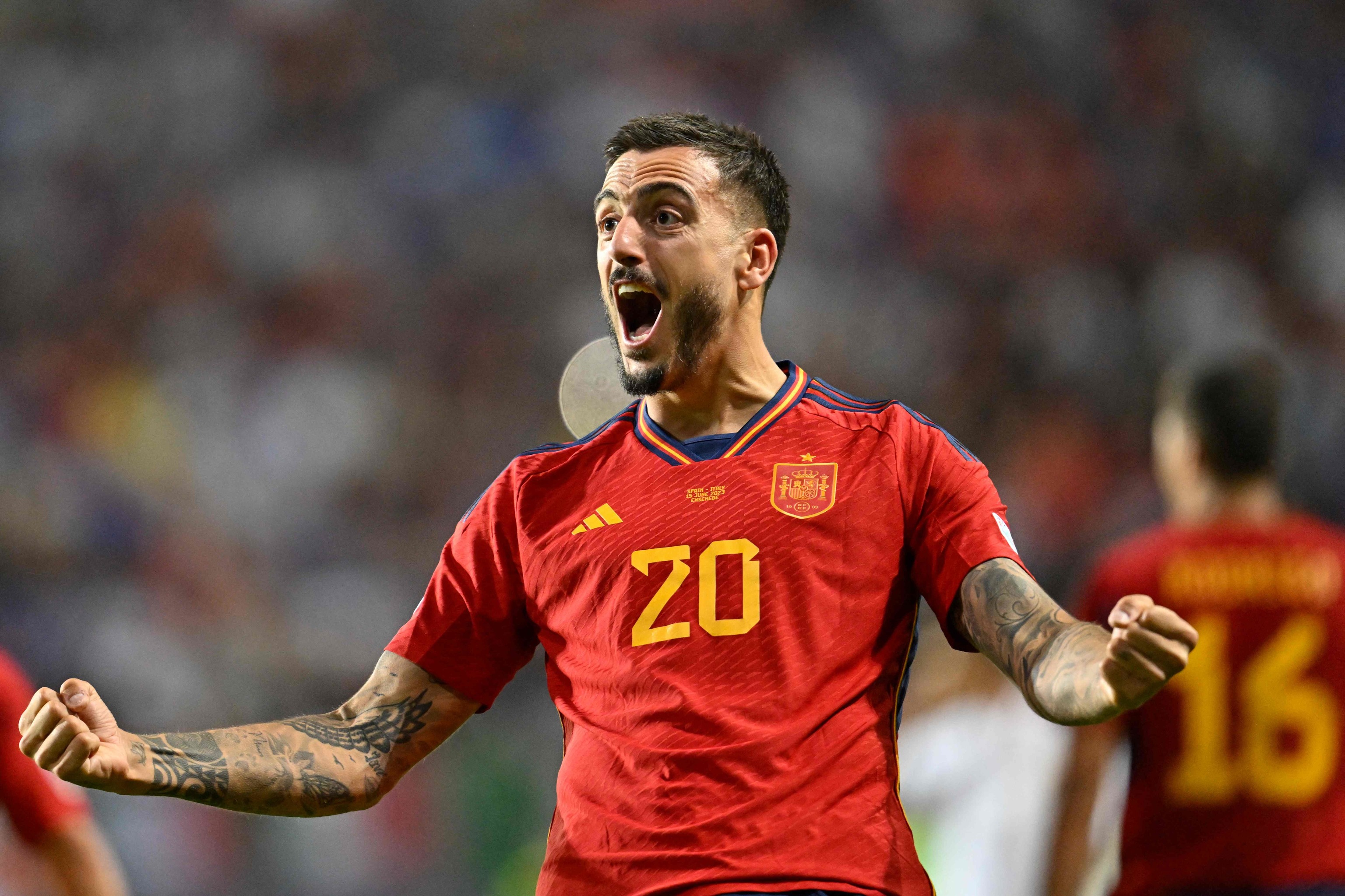 Joselu celebra el gol con España