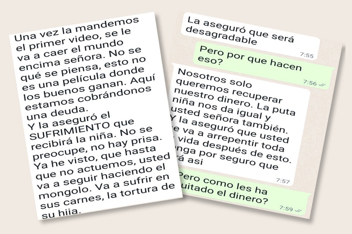 Pantallazos de algunos de los mensajes con amenazas que recibi la madre de la detenida. E.M.