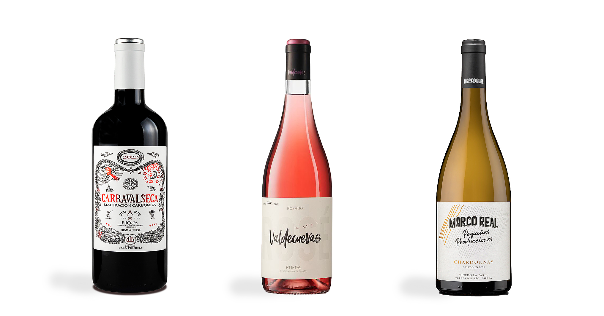 De izda a dcha.: Carravalseca Maceración Carbónica, Valdecuevas Rosé y Pequeñas Producciones Chardonnay.