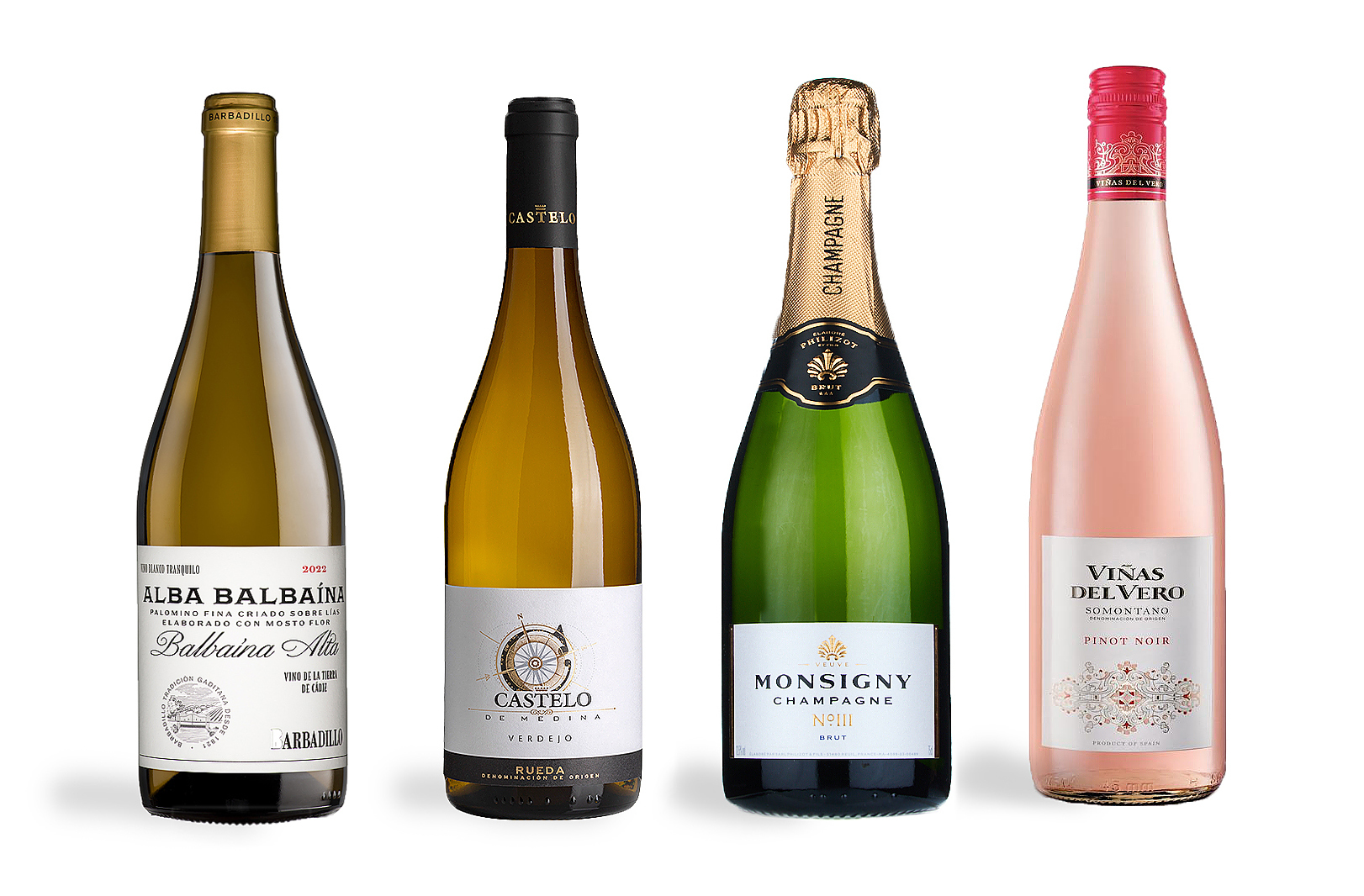 De izda. a dcha.: Alba Balbaína, Castelo Rueda Verdejo, Veuve Monsigny Champagne Brut y Viñas del Vero Pinot Noir Rosado.
