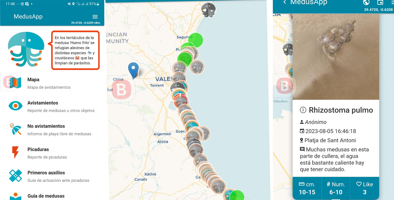 Varios pantallazos de la aplicación Medusapp con información de los puntos de medusas localizadas en la costa.