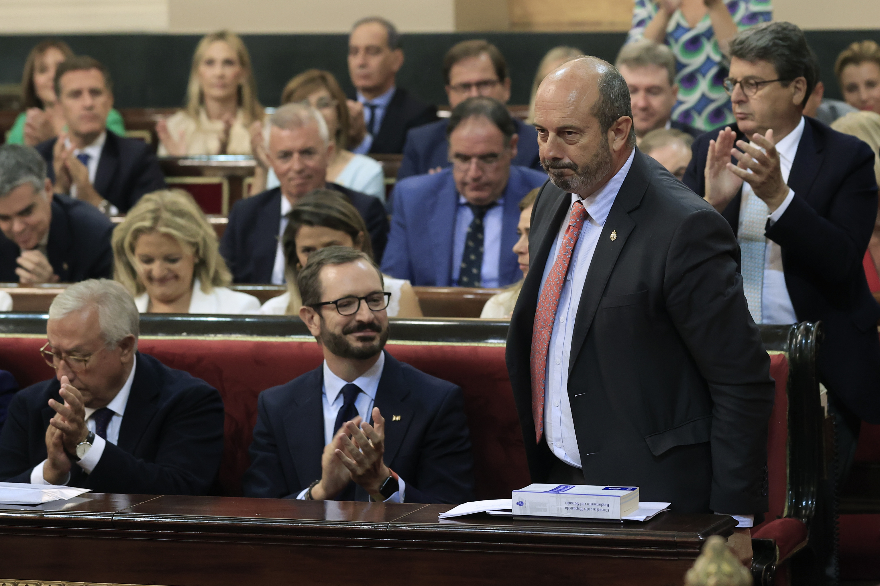El senador del PP Pedro Rollán recibe el aplauso de su bancada tras su elección