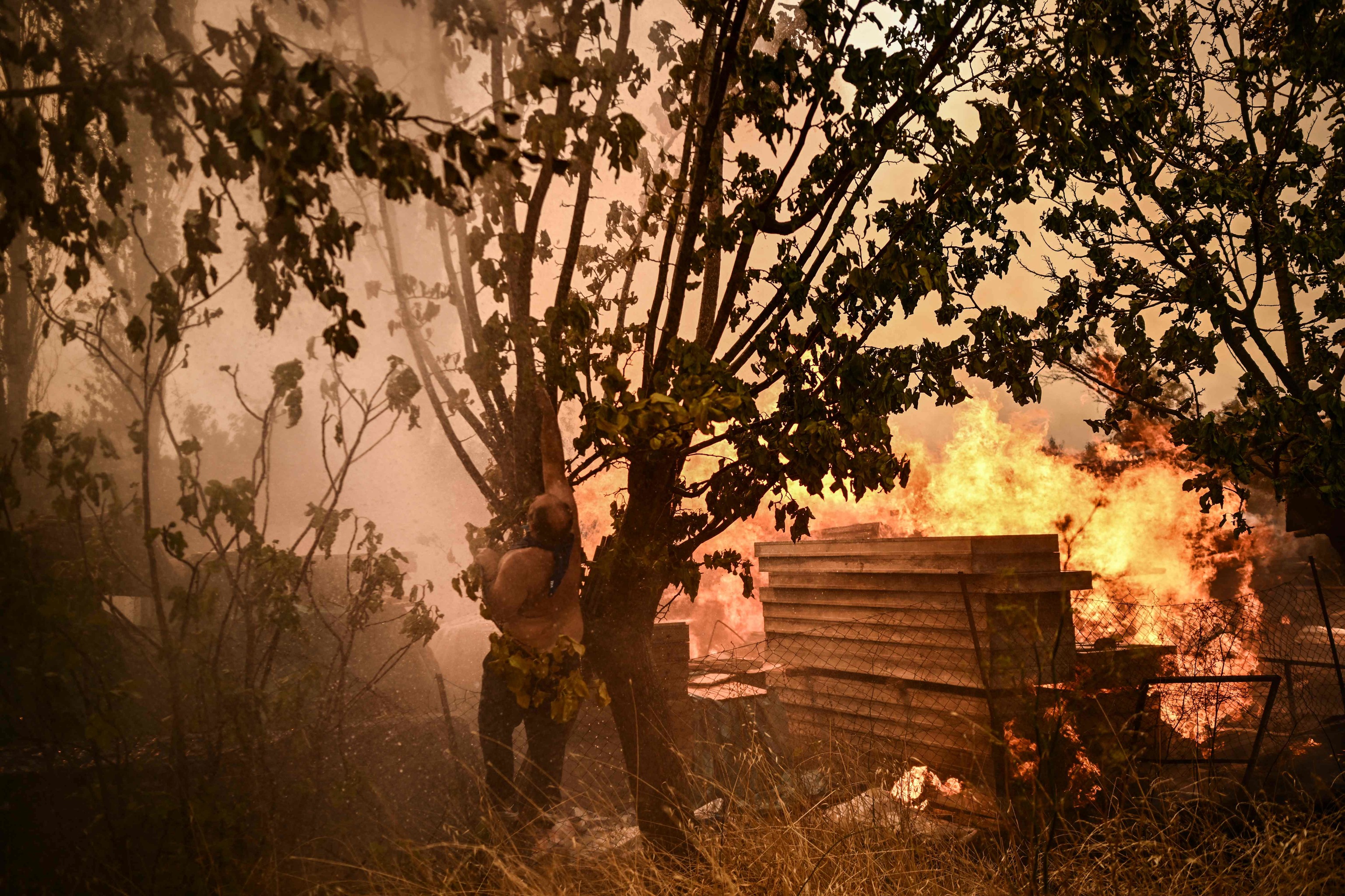 Un hombre lucha contra un incendio en el bosque de Chasia, cerca de Atenas.