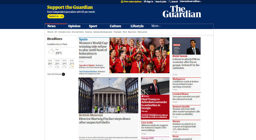 The Guardian abre su web con el comunicado de las jugadoras.