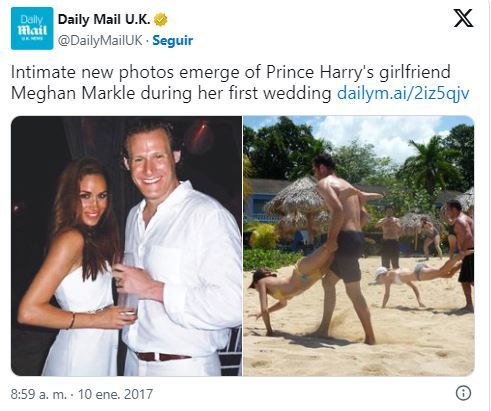 Tuit del Daily Mail con imágenes de Meghan con su primer marido.