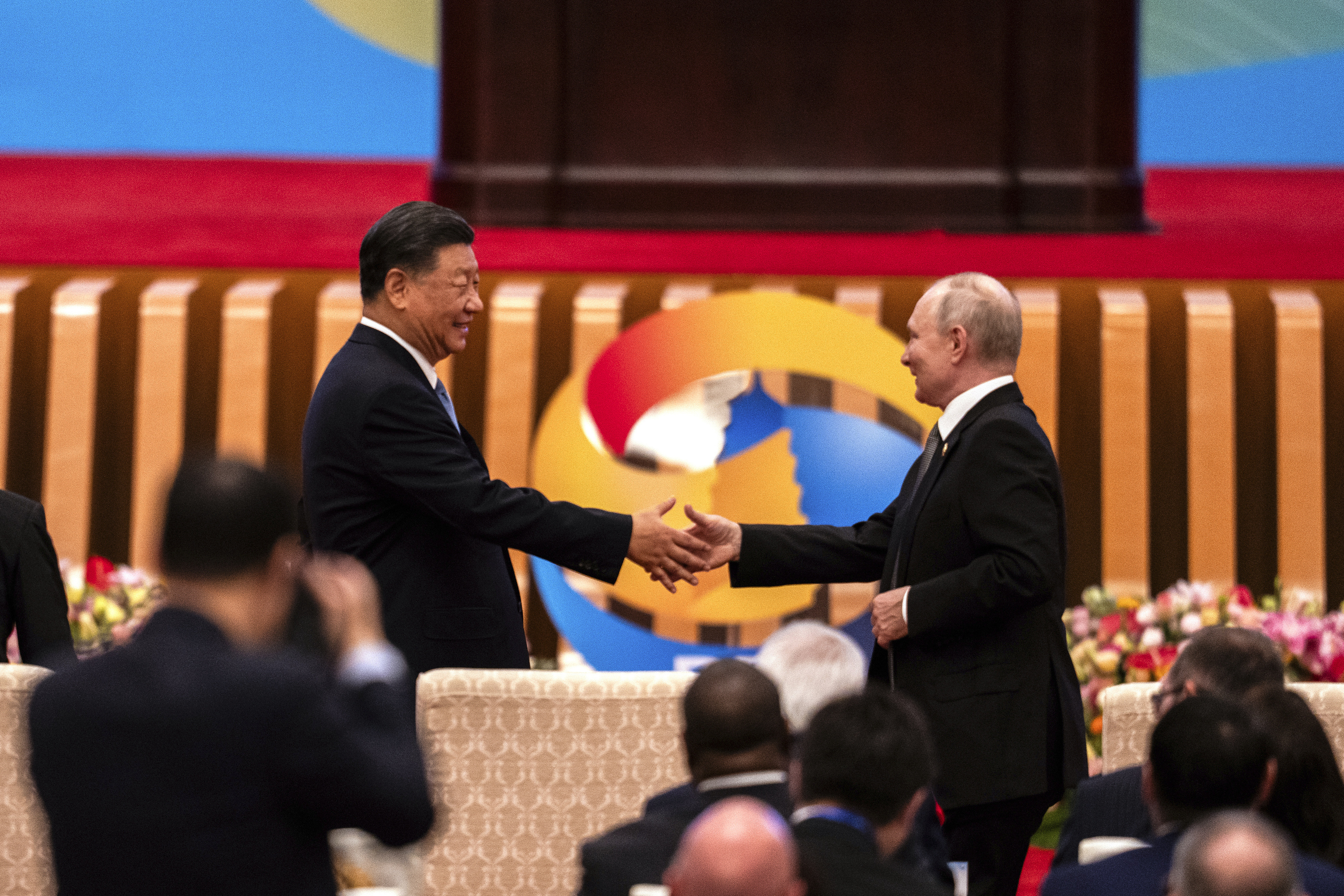 Chinese President Xi  lt;HIT gt;Jinping lt;/HIT gt;, left, and Russian President Vladimir Putin shake hands during the Belt and Road Forum at the Great Hall of the People in Beijing, Wednesday, Oct. 18, 2023. (AP Photo/Louise Delmotte)