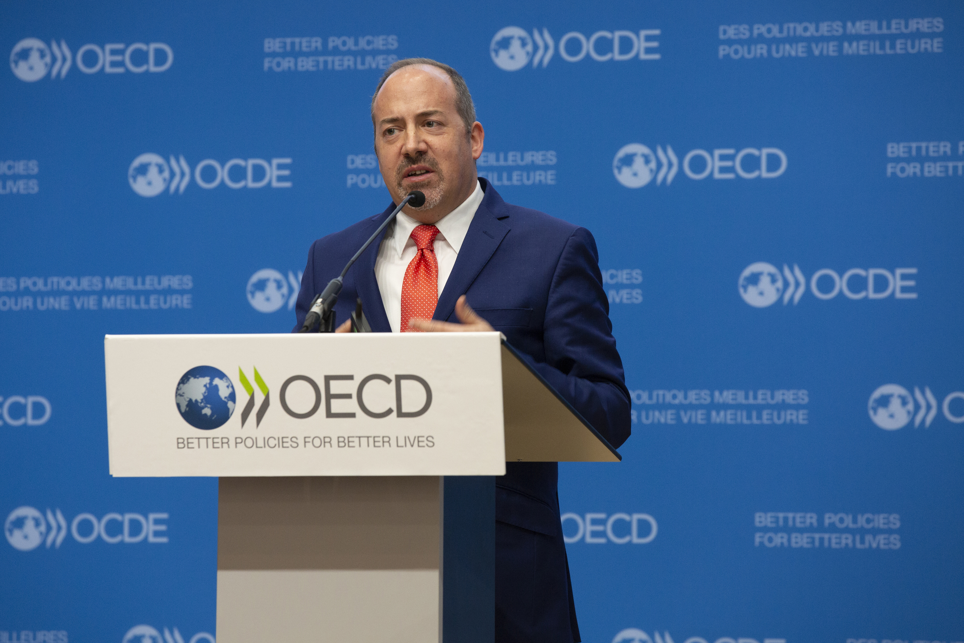 Mathias Cormann, secretario general de la OCDE, durante una presentación de resultados este 2023.