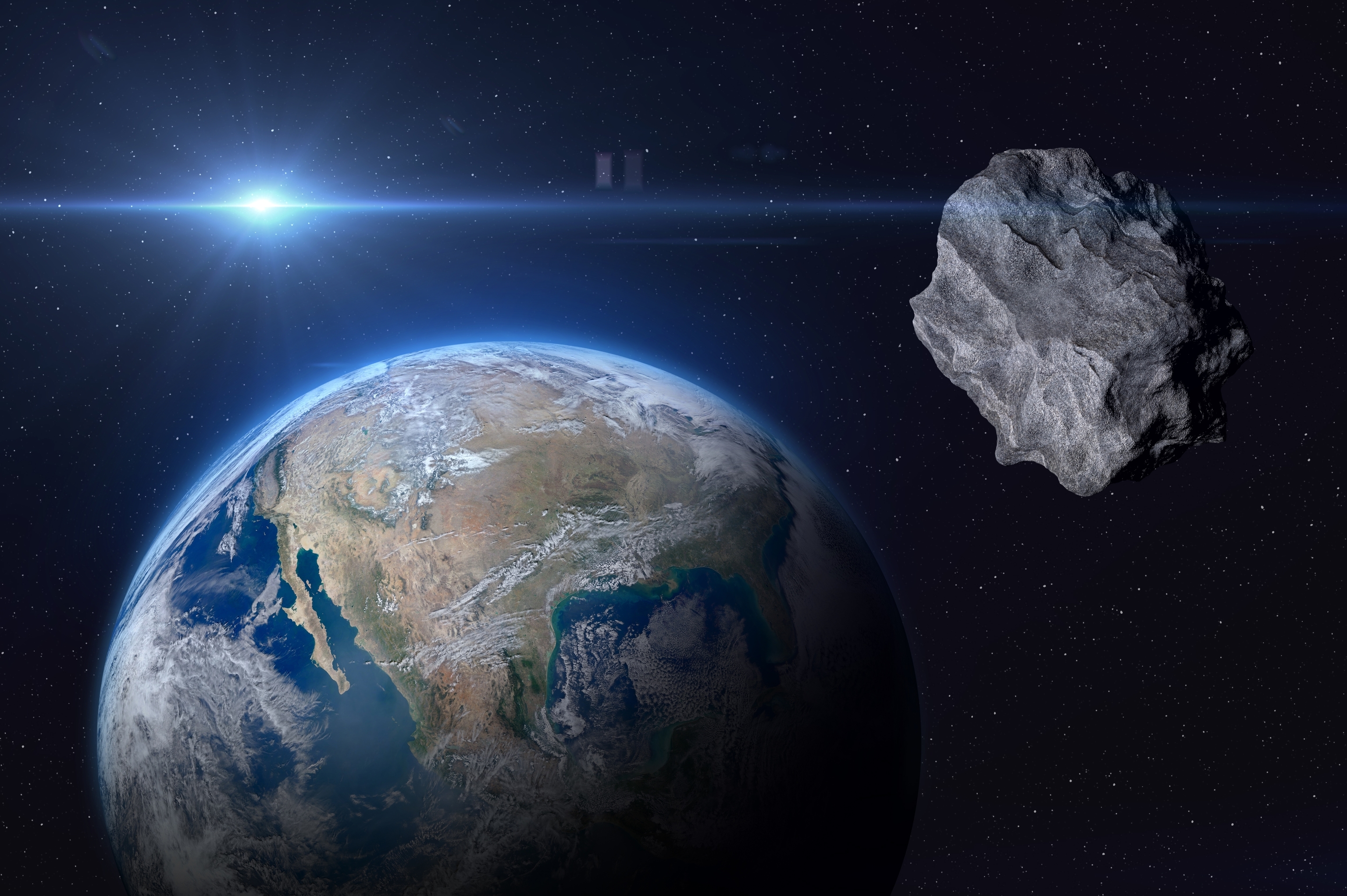 Recreación de un asteroide aproximándose a la Tierra.