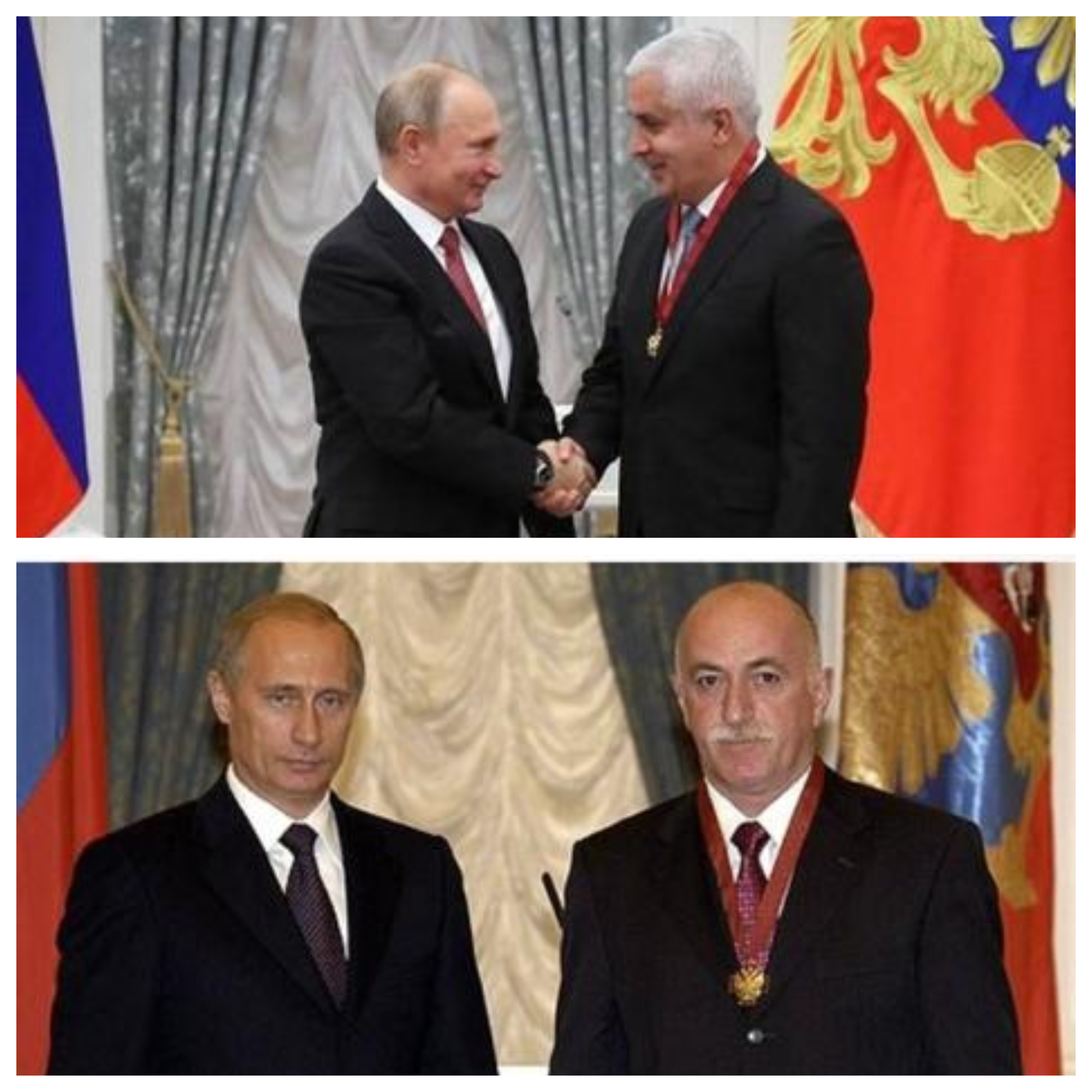 Marat Kambolov (arriba) y Taymuraz Boloev (abajo), en encuentros con Vladimir Putin en Rusia.