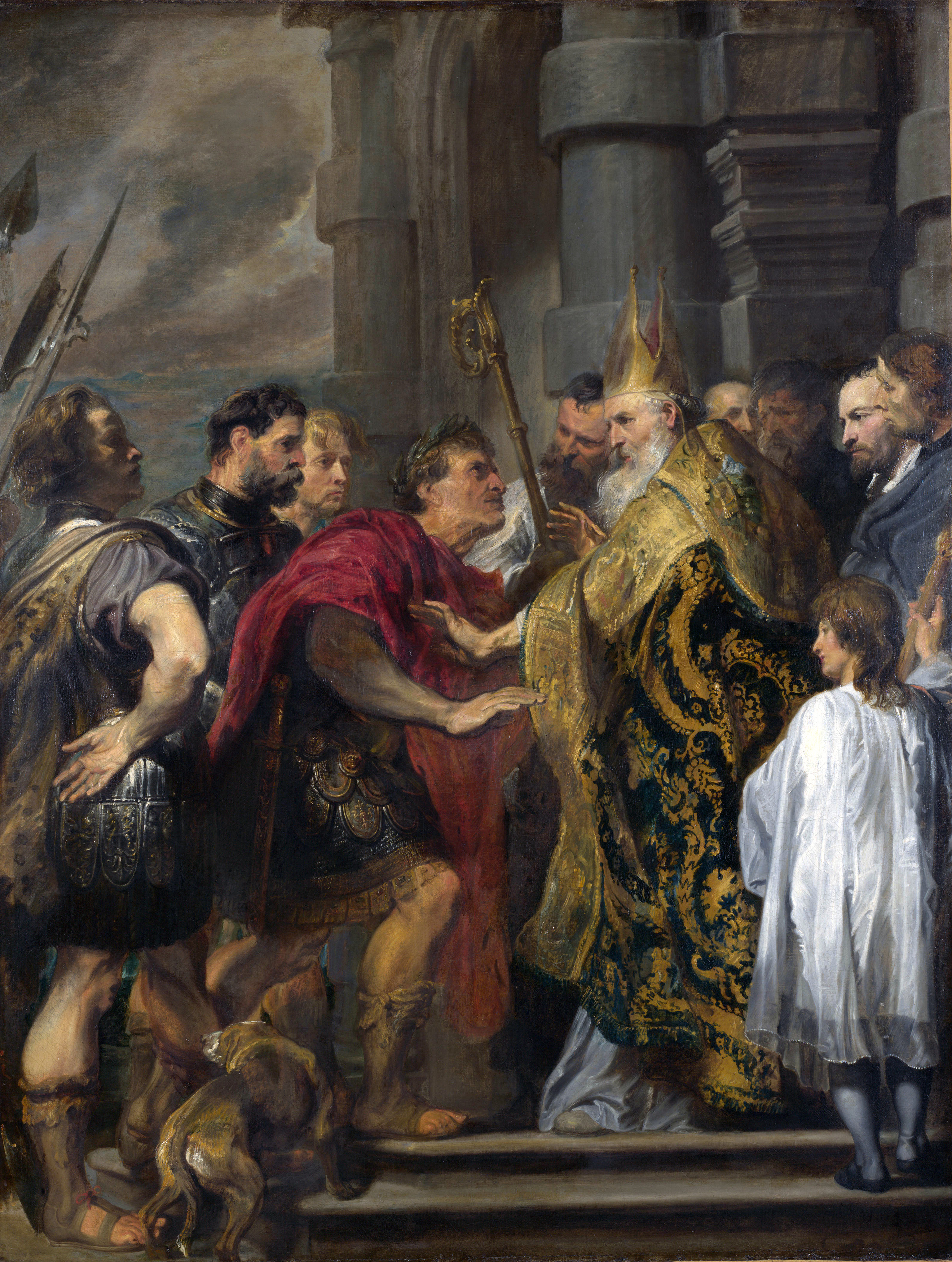 San Ambrosio negando al emperador Teodosio la entrada a la catedral de Milán, por Van Dyck, en la National Gallery.