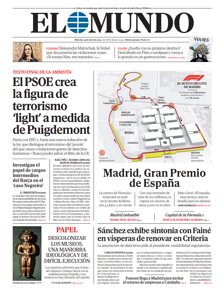 Portada de EL MUNDO del miércoles 24 de enero de 2024 | Medios