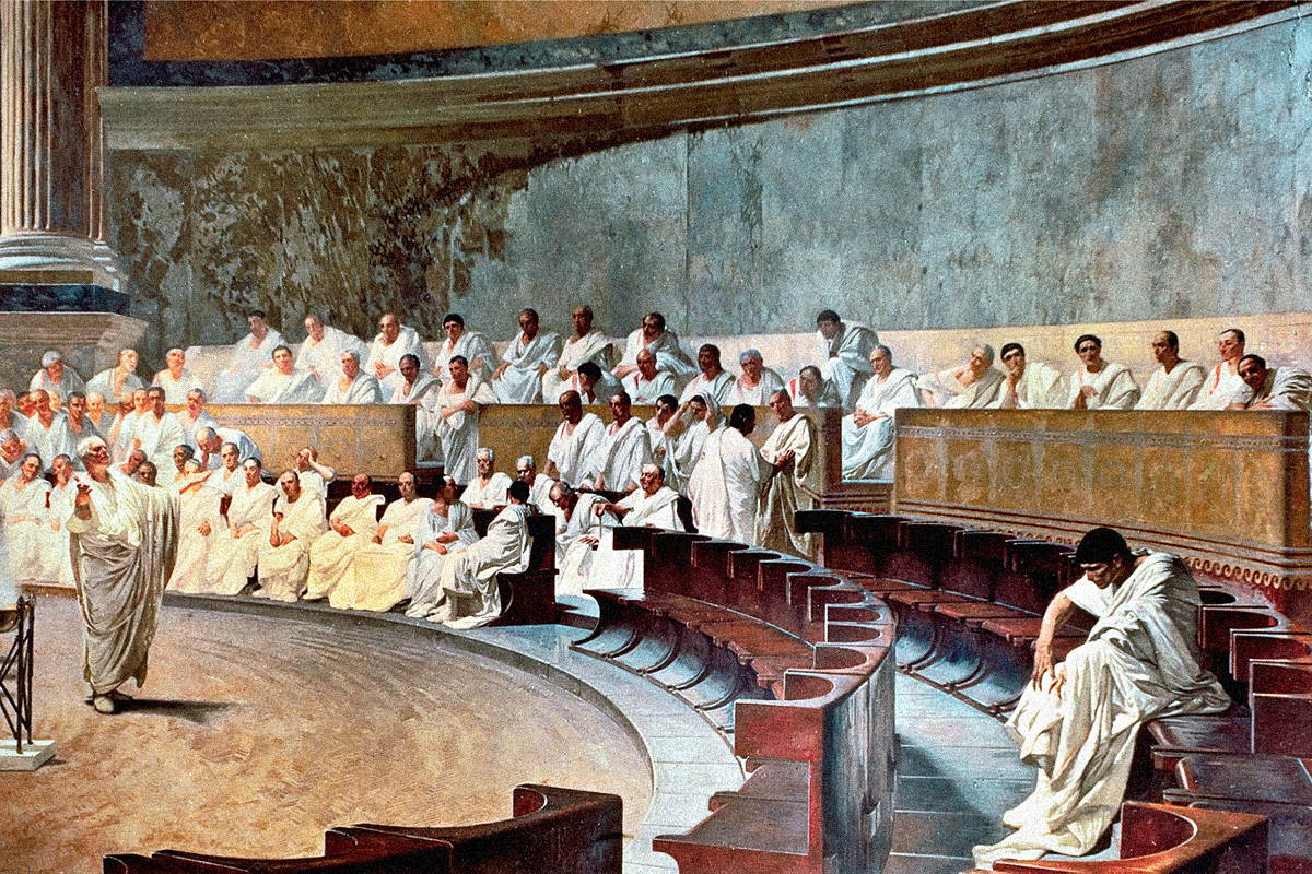 Cesare Maccari: 'Cicerón denuncia a Catilina en el Senado', 1889.