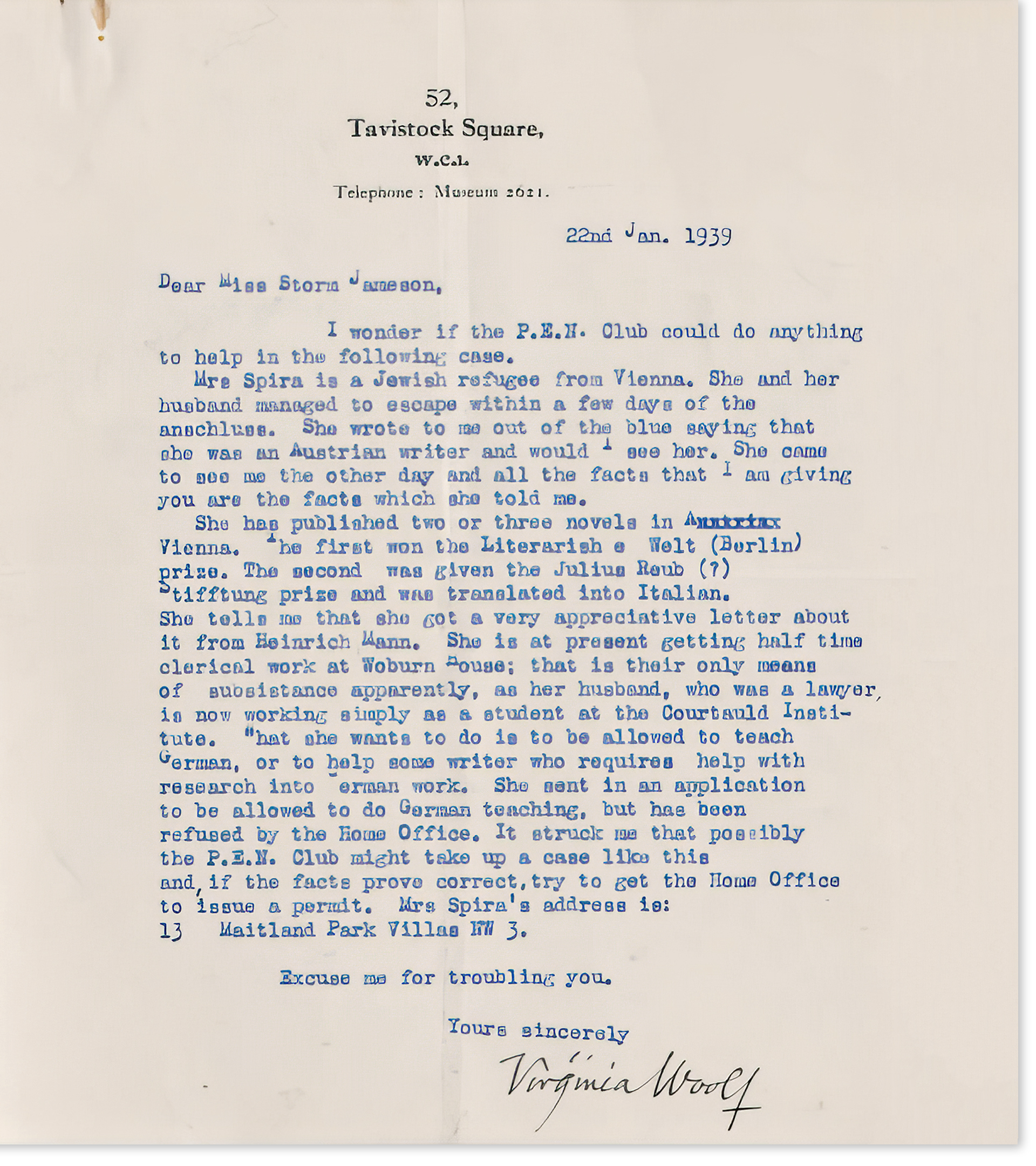 Carta de Virginia Woolf a Storm Jameson, presidenta de la rama inglesa del PEN Club.