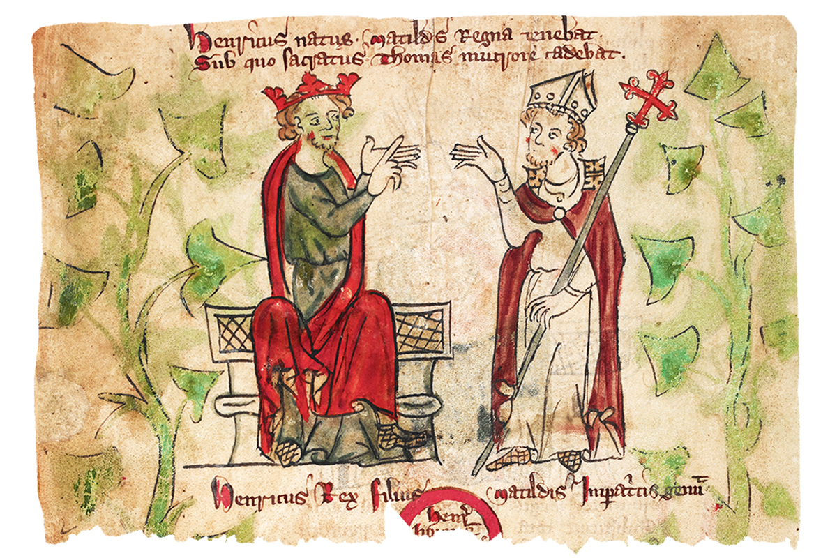 Miniatura de un manuscrito de comienzos del siglo XIV que representa a Enrique V discutiendo con Calixto II.