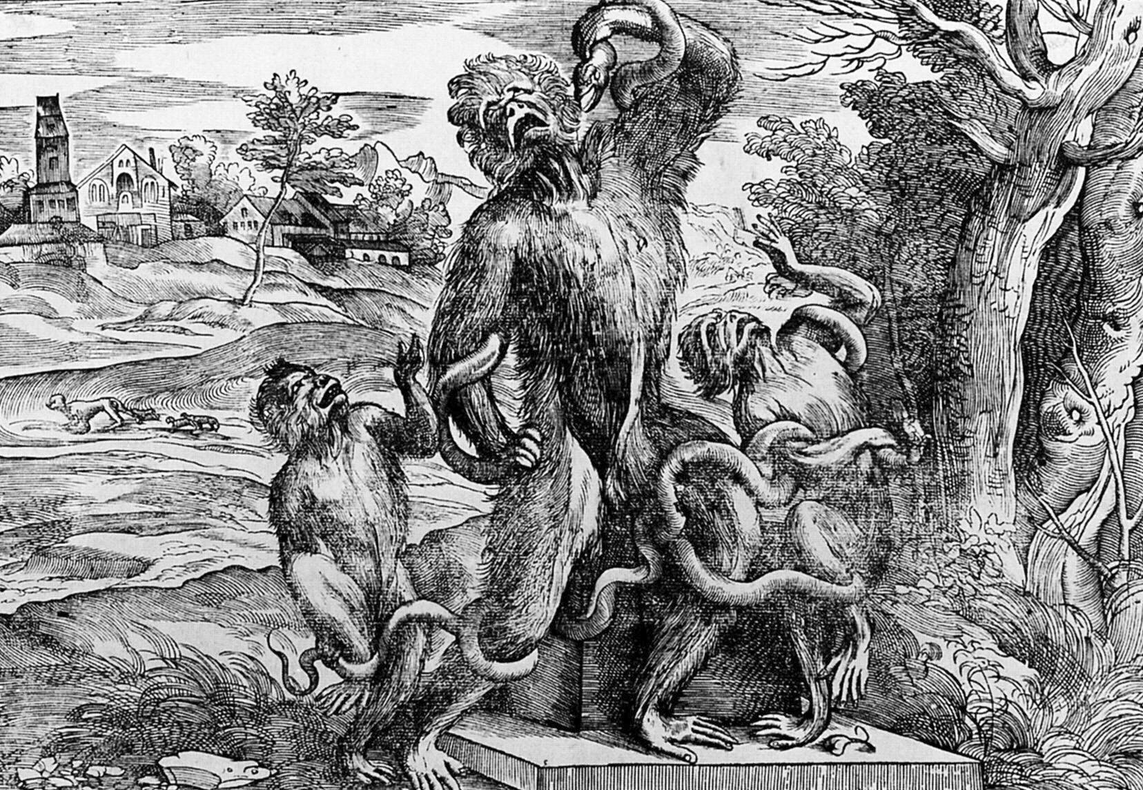 Parodia de la escultura, diseñada por Tiziano y grabada por Niccolò Boldrini, donde las figuras humanas son reemplazadas por monos