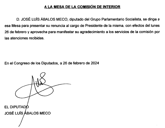 Escrito de renuncia de Jos Luis balos a la presidencia de la Comisin de Interior