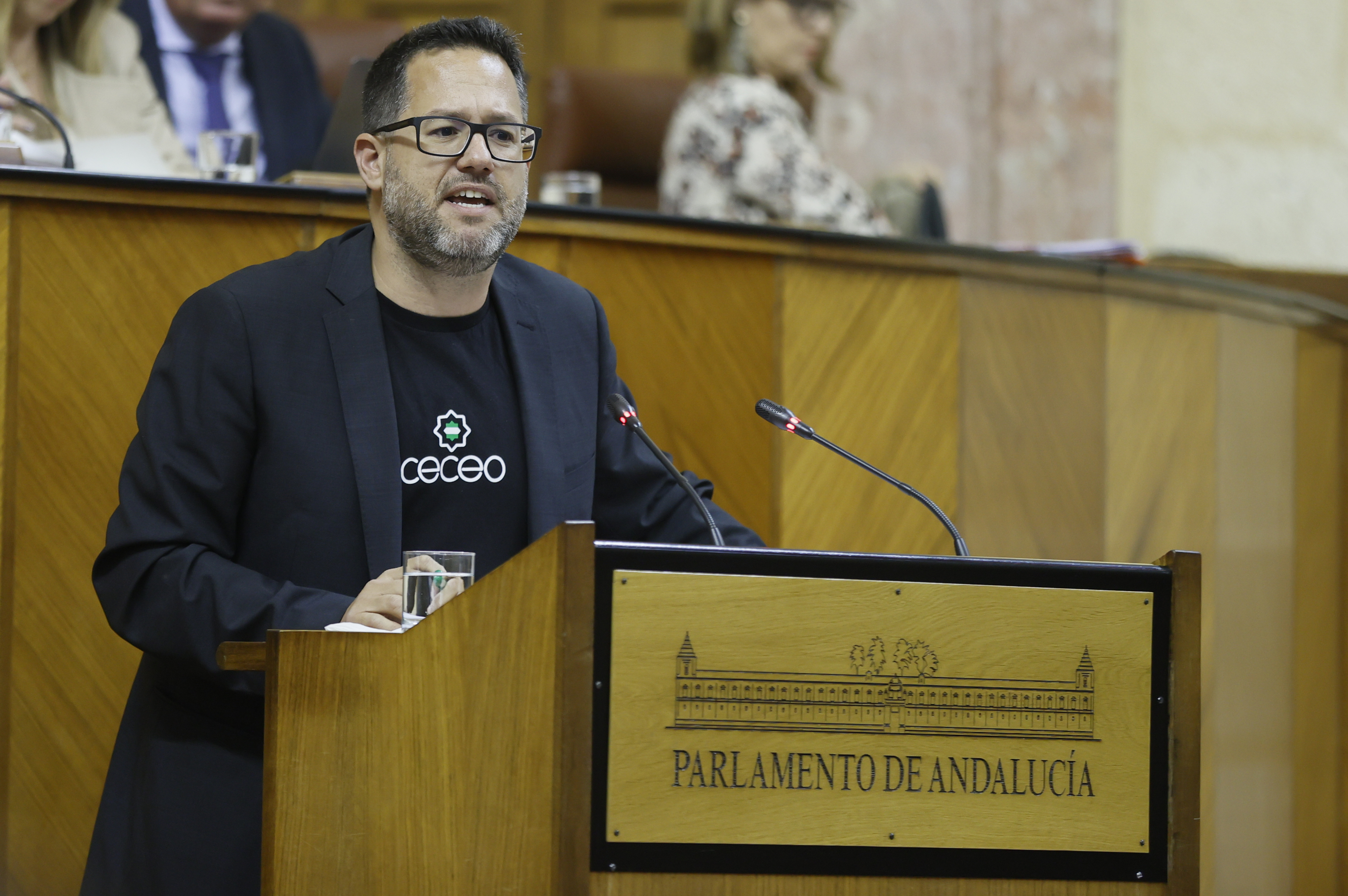 El portavoz de Adelante Andaluca, Jos Ignacio Garca, en la tribuna de los oradores del Parlamento.
