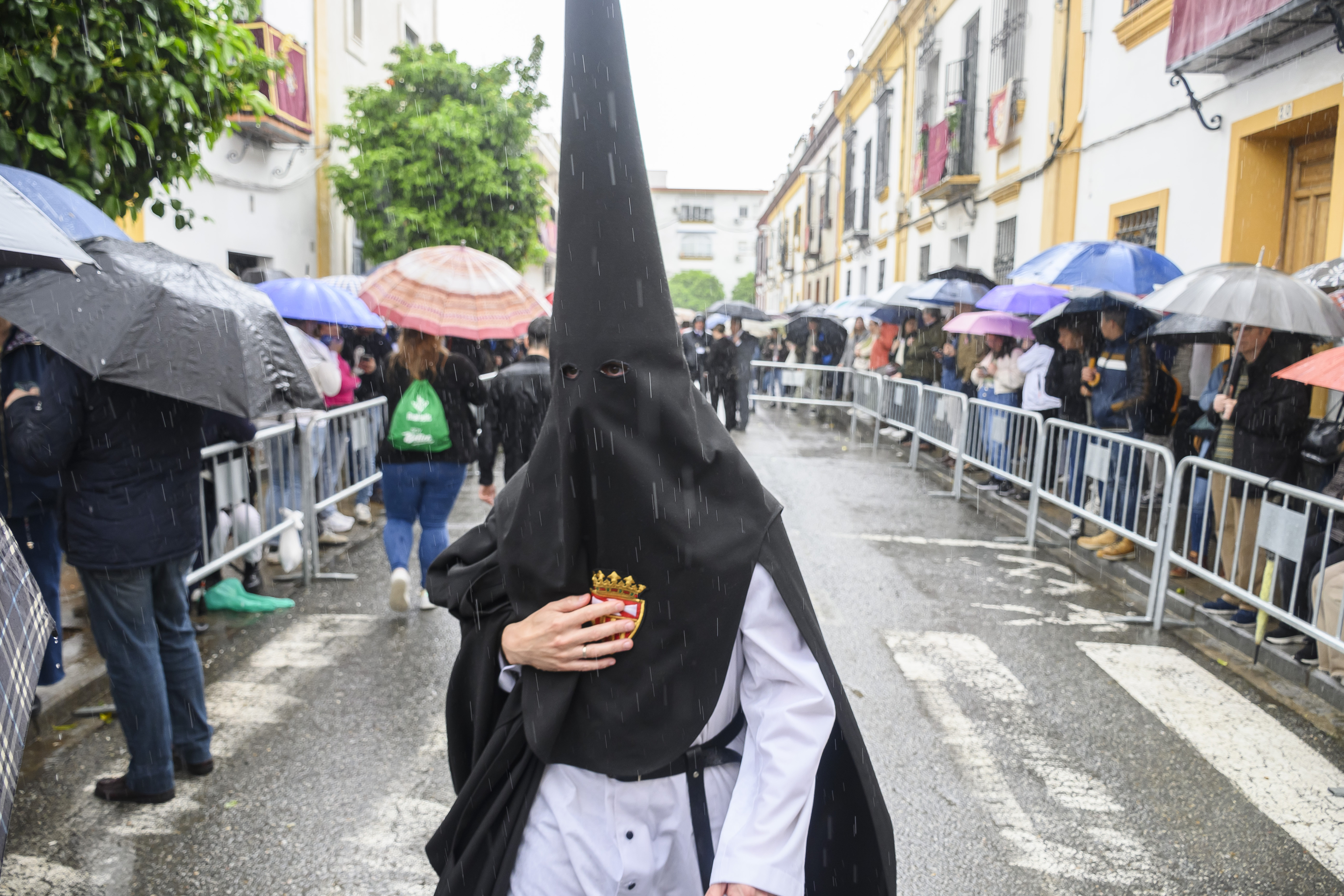 Un nazareno de la hermandad de Santa Genoveva, una de las nueve cofradas que salen en procesin el Lunes Santo en Sevilla.