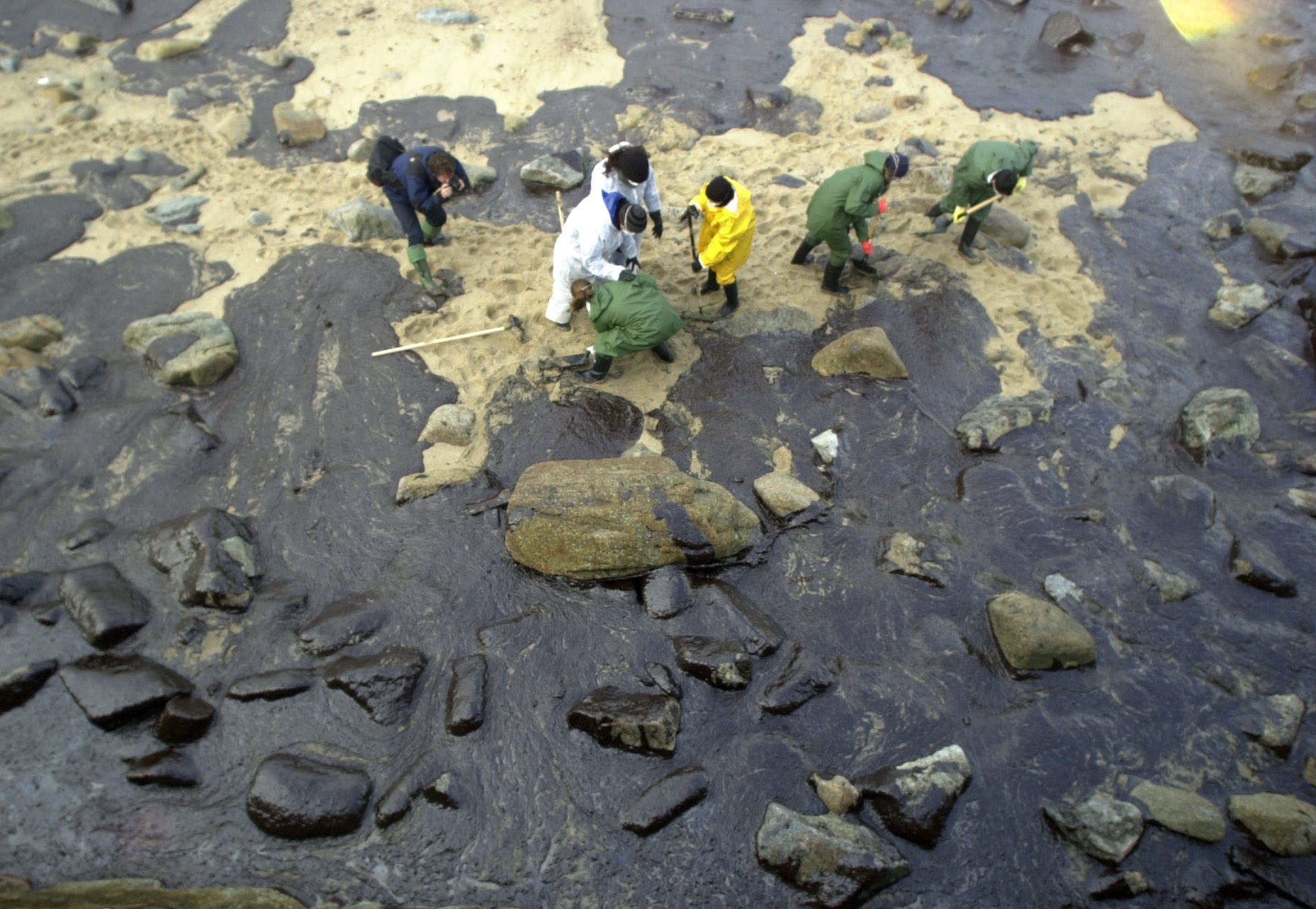 Voluntarios limpiando restos del Prestige en Muxa en 2002.