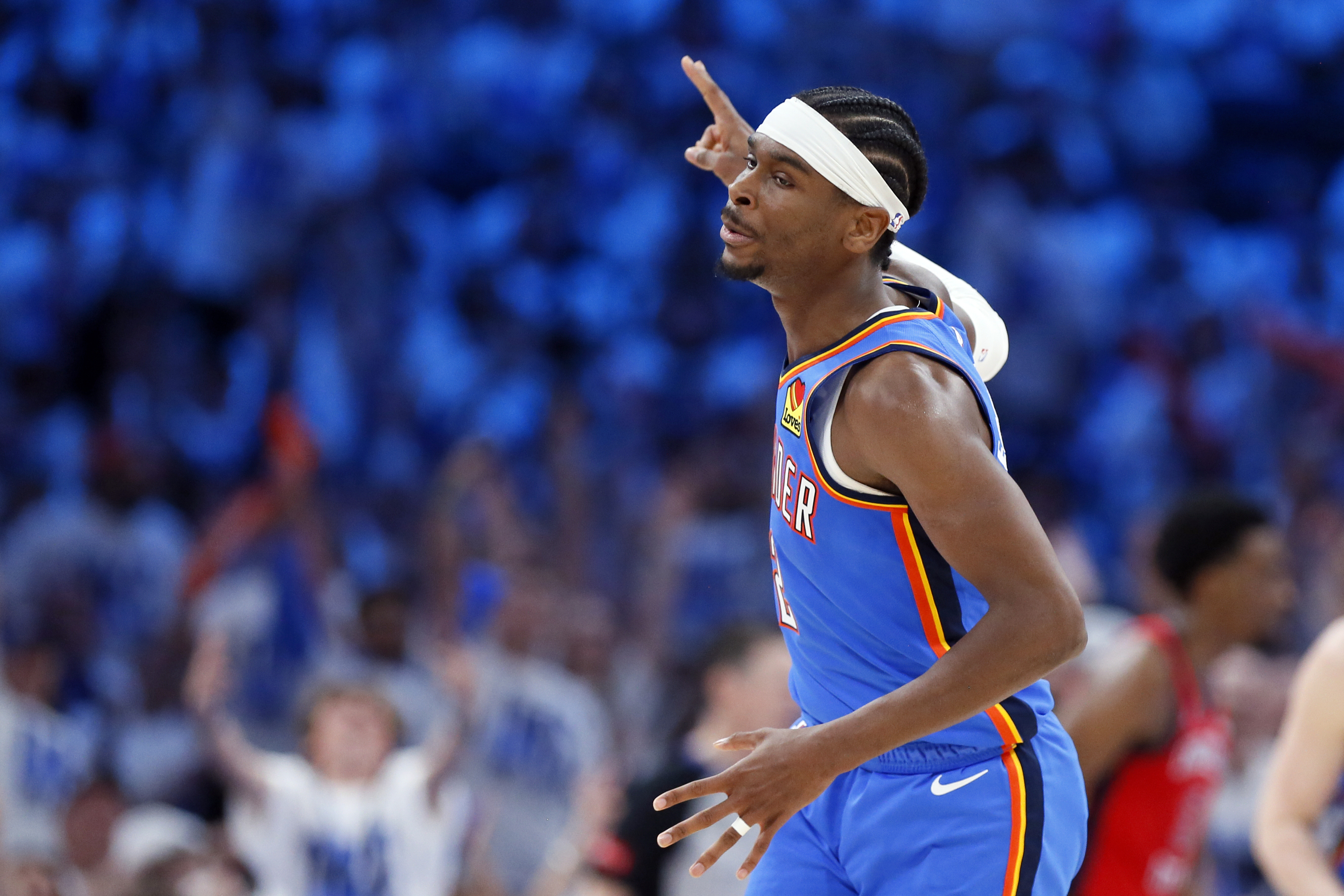 Oklahoma City  lt;HIT gt;Thunder lt;/HIT gt; guard Shai Gilgeous-Alexander gestures after making a 3-point shot against the New Orleans Pelicans during the second half in Game 2 of an NBA basketball first-round playoff series Wednesday, April 24, 2024, in Oklahoma City. (AP Photo/Nate Billings)
