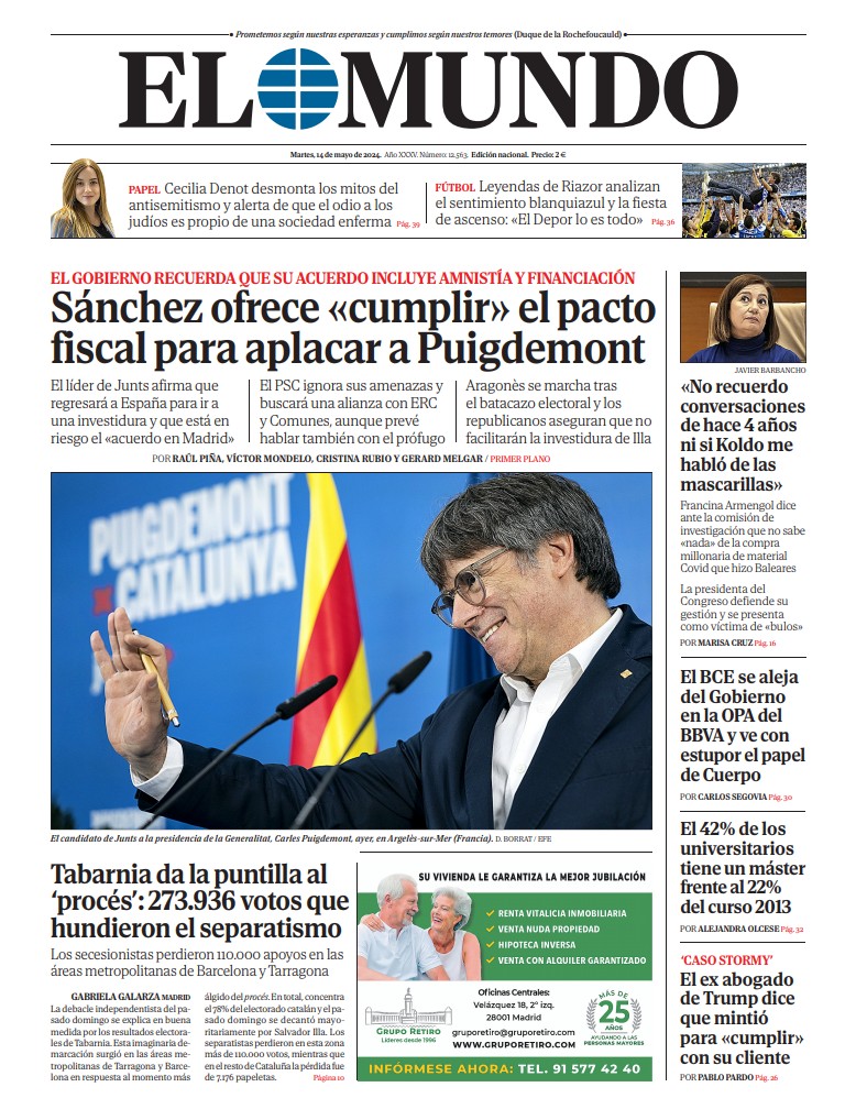 Portada de EL MUNDO del martes 14 de mayo de 2024 | Medios