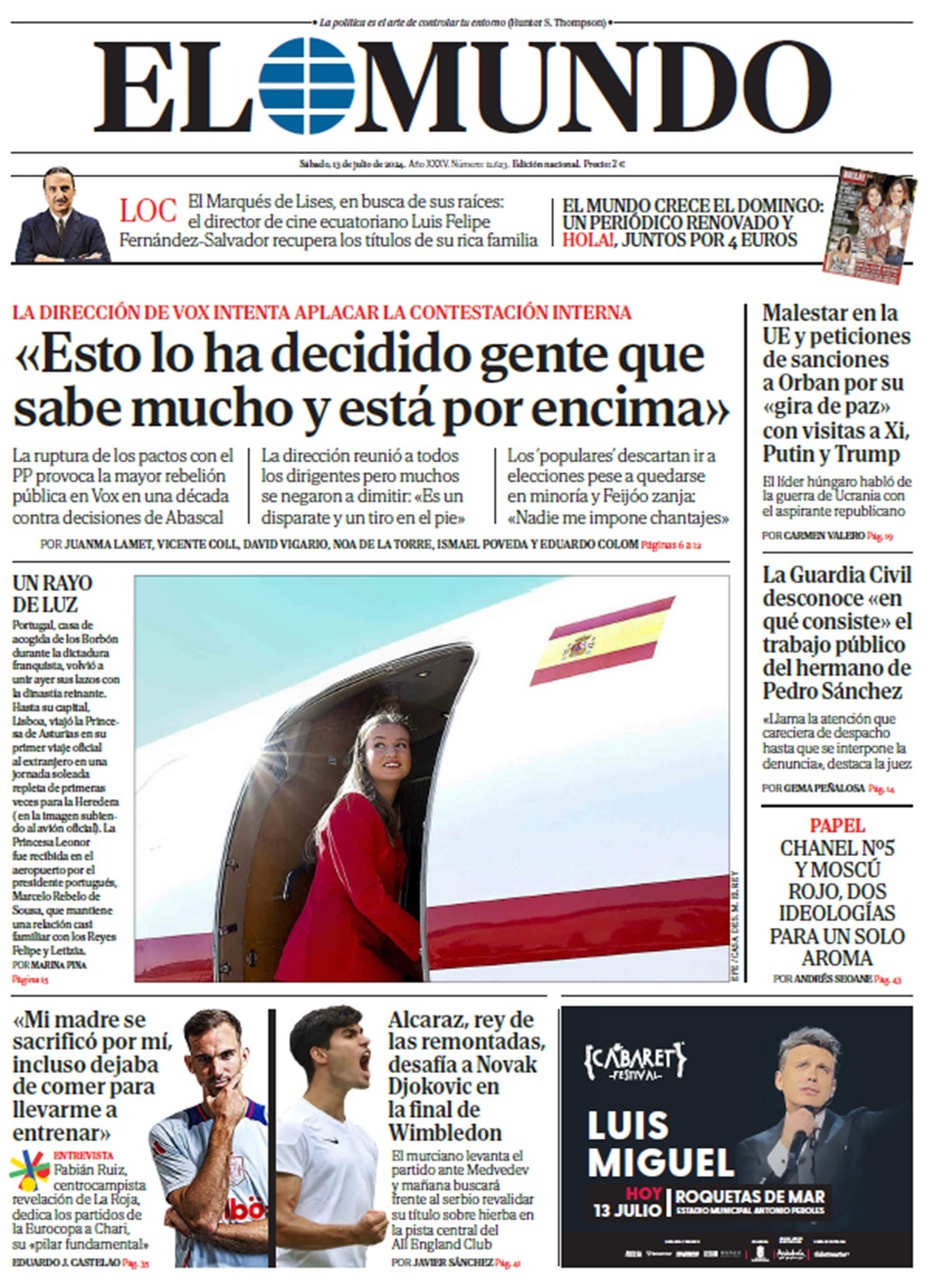 Portada de EL MUNDO del sábado 13 de julio de 2024 | Medios