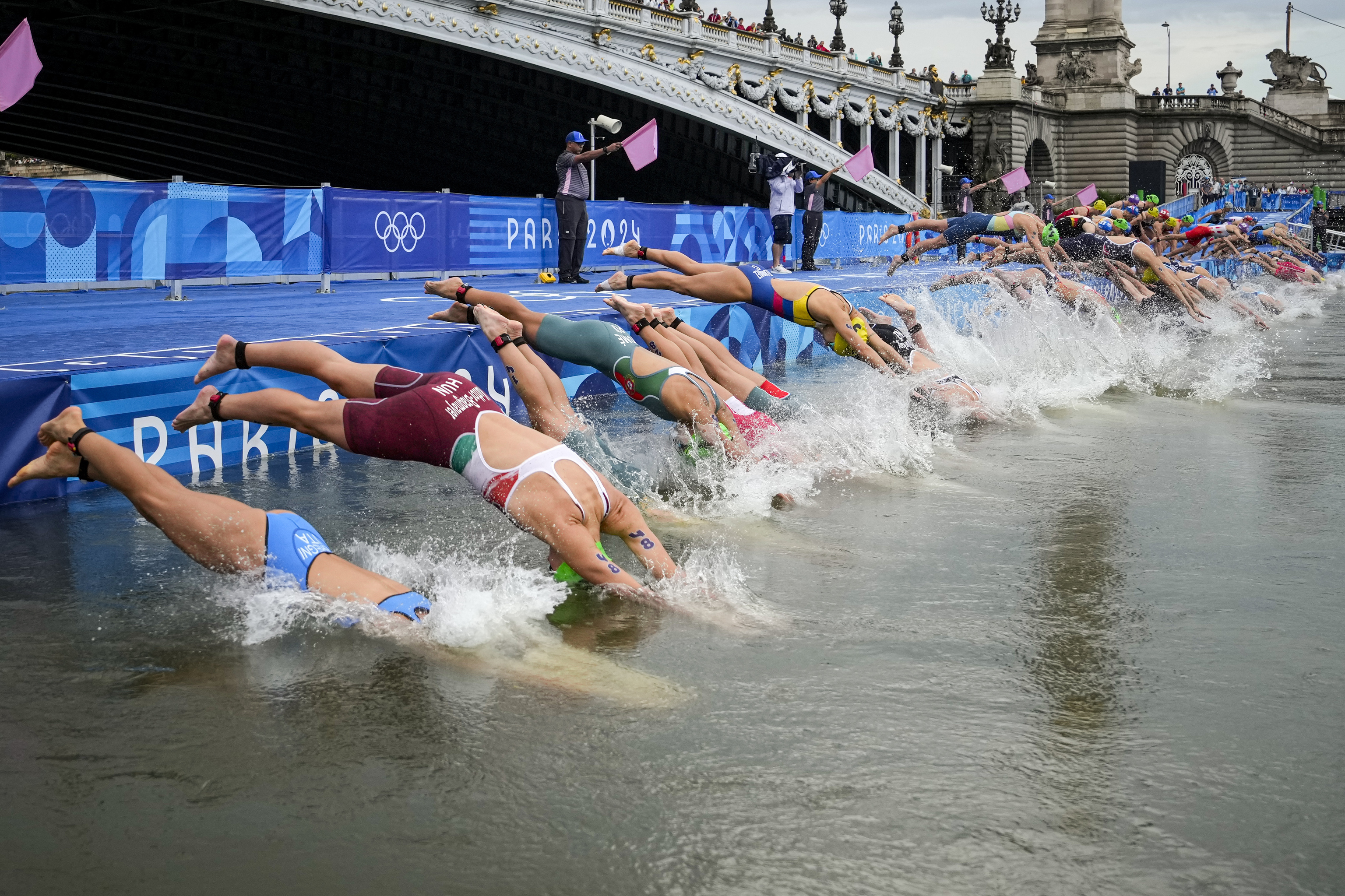 Swimmers jumped into the river