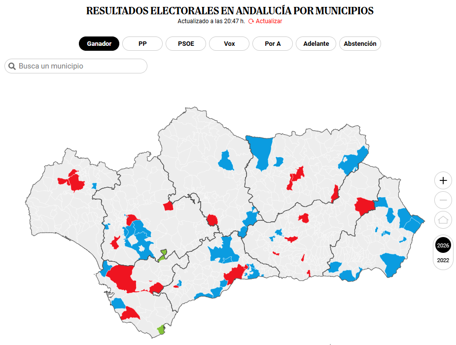 Los resultados de las elecciones de Andalucía 2026, municipio a municipio Consulte en directo qué partido gana en cada municipio andaluz en unas elecciones donde el PP busca revalidar su mayoría absoluta para no depender de Vox y el PSOE movilizar a los abstencionistas para frenar la pérdida de votos Leer