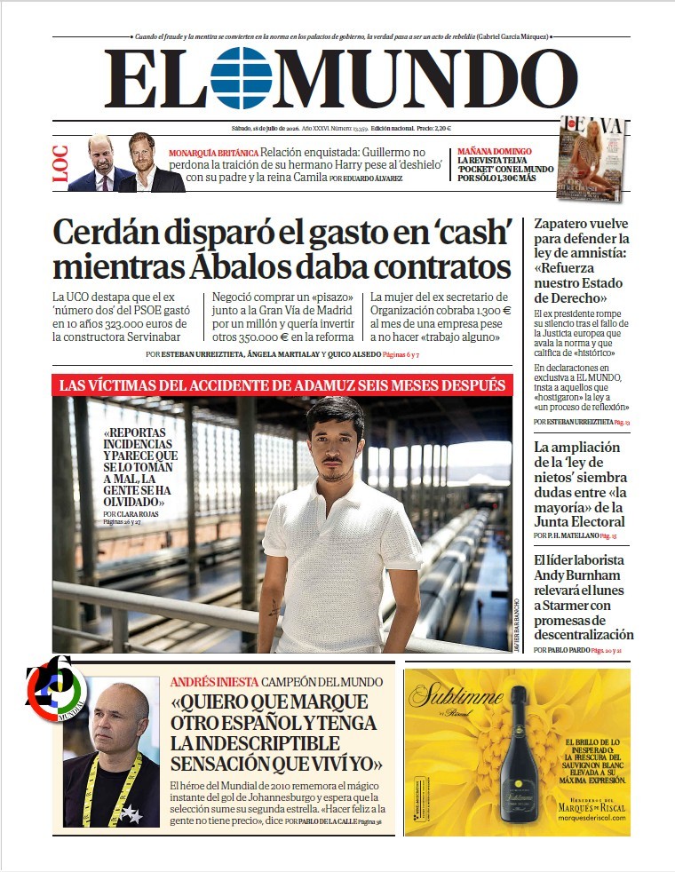 Portada de EL MUNDO del sábado 18 de julio de 2026
